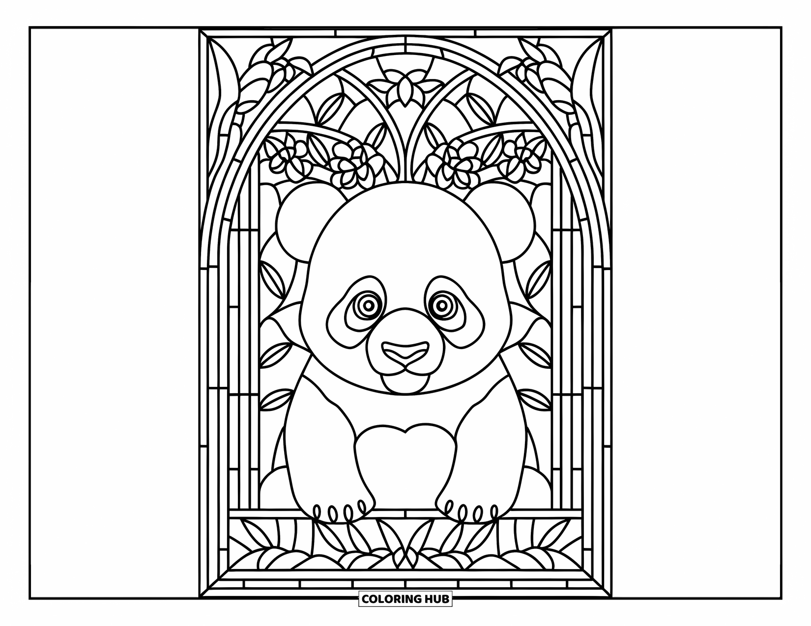 Baby Panda Coloring Page for Adults: A panda sits within a stained glass frame filled with orchids and bamboo