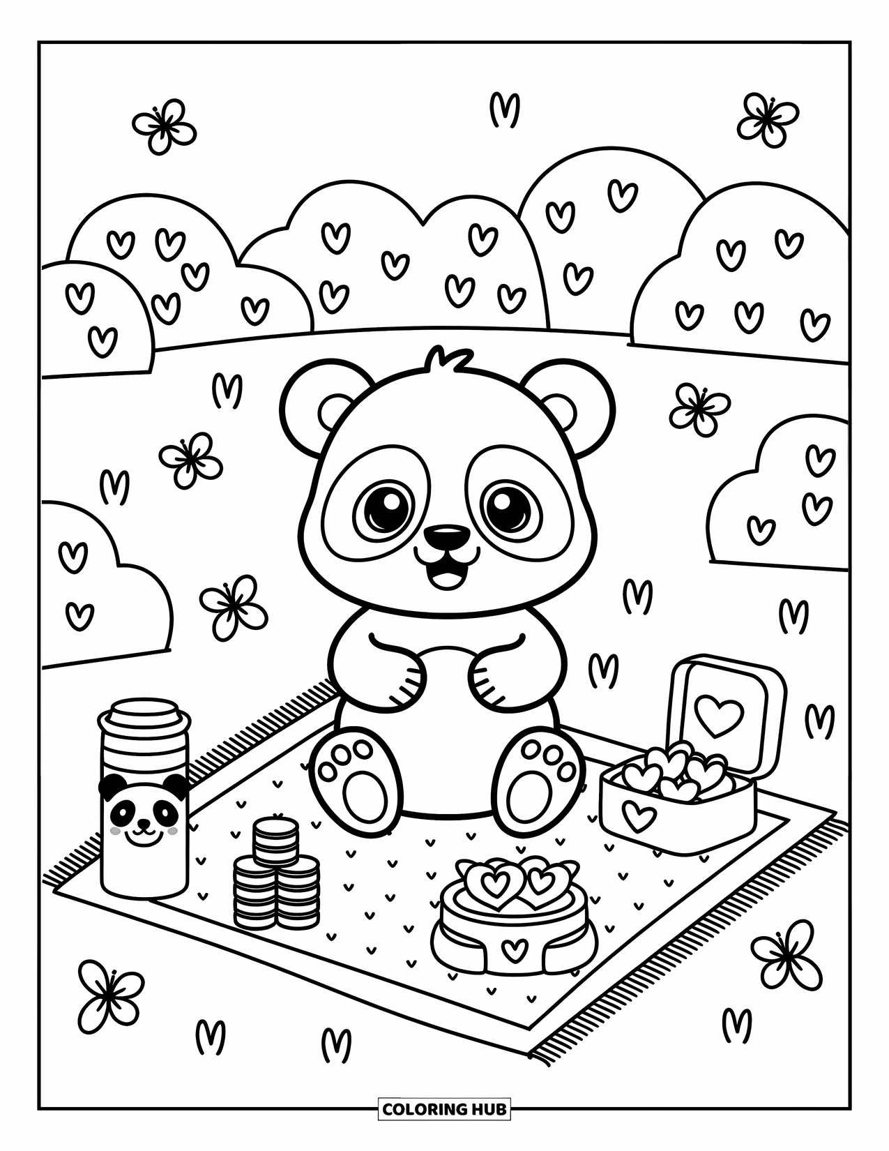 Baby Panda Coloring Page for Adults: A panda snacks in a forest clearing with bamboo stacks and a cute lunchbox