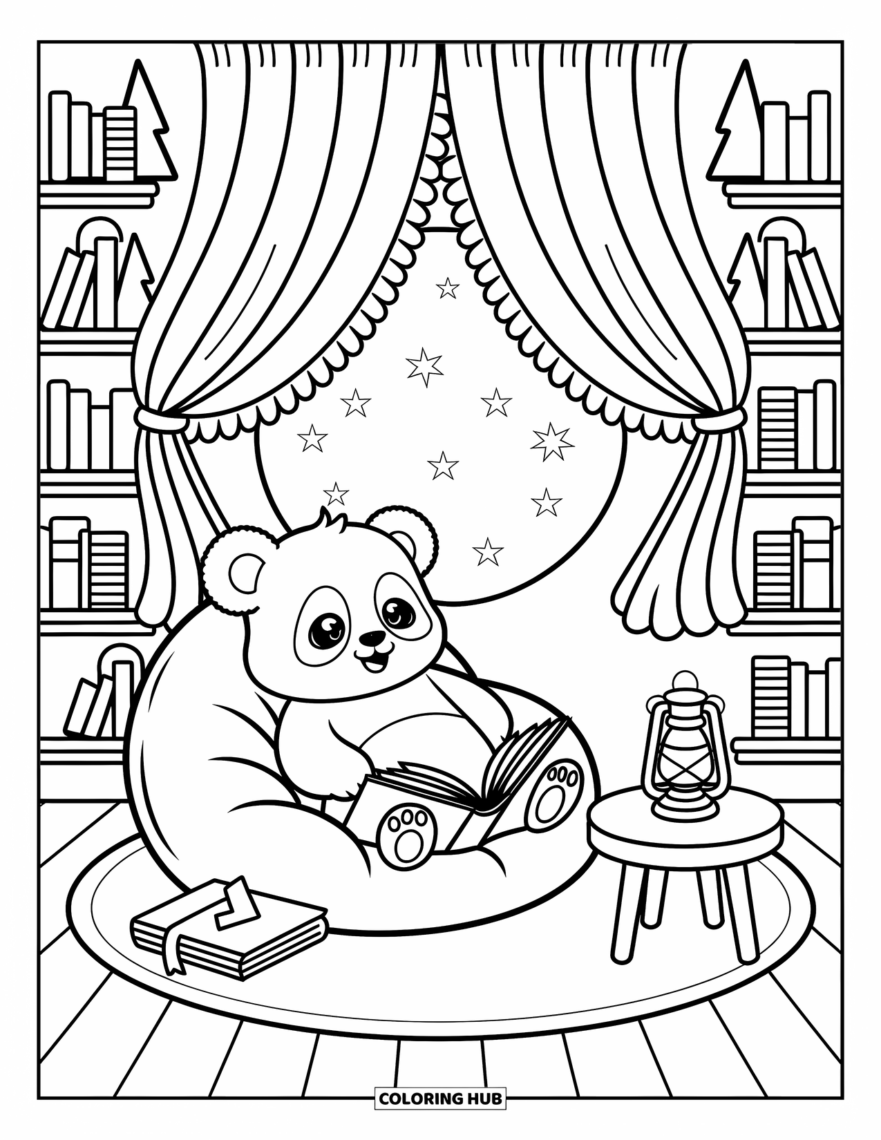 Baby Panda Coloring Page for Adults: In a forest library, the panda reads under glowing lights and starry windows
