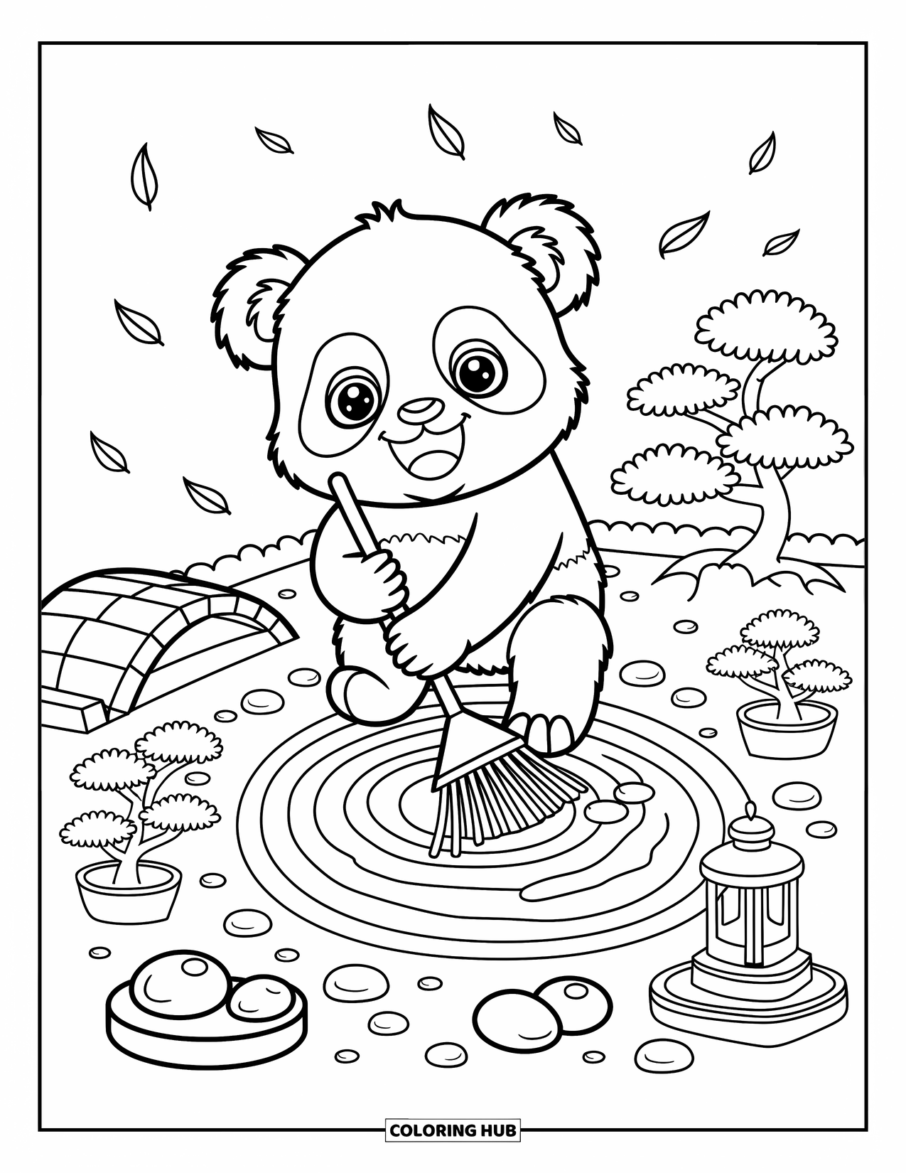 Baby Panda Coloring Page for Adults: In a quiet garden, a baby panda rakes sand swirls beside bonsai and falling petals