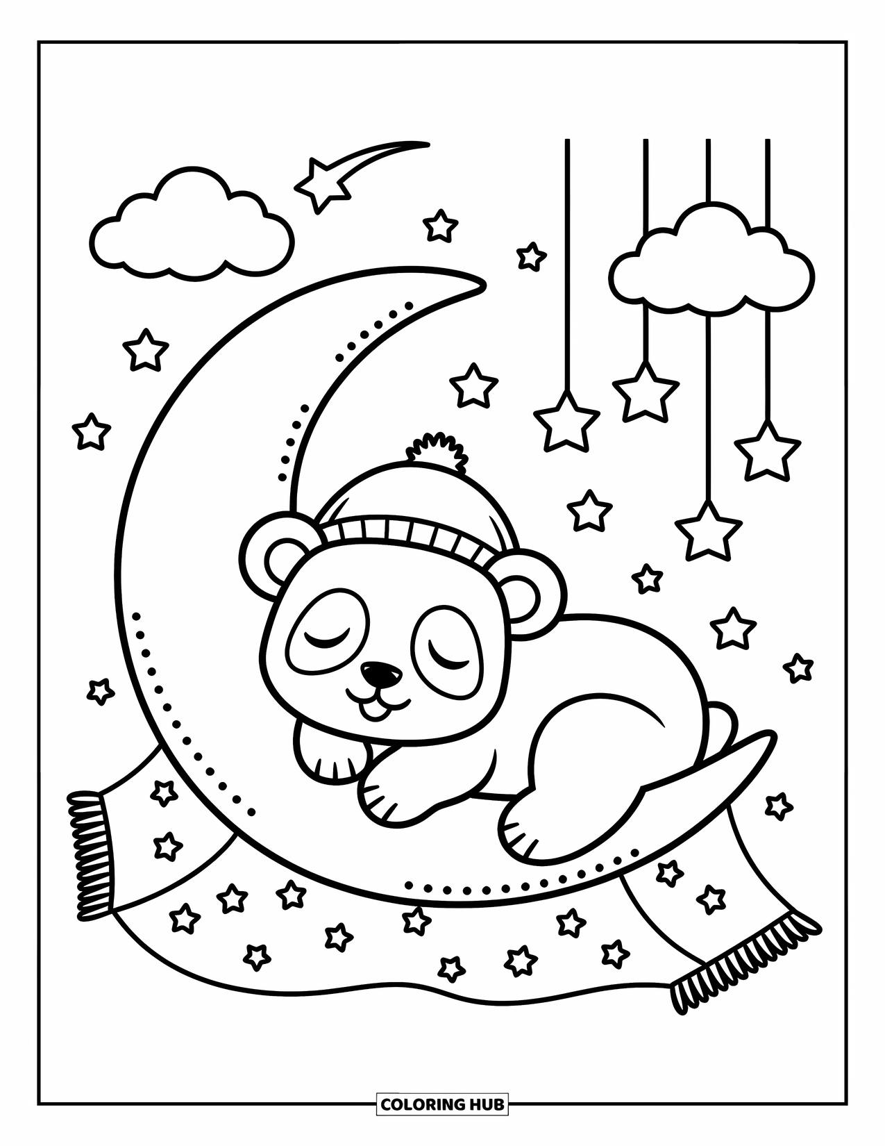 Baby Panda Coloring Page for Adults: Snuggled on a moon, the panda dreams beneath stars and a soft nightcap