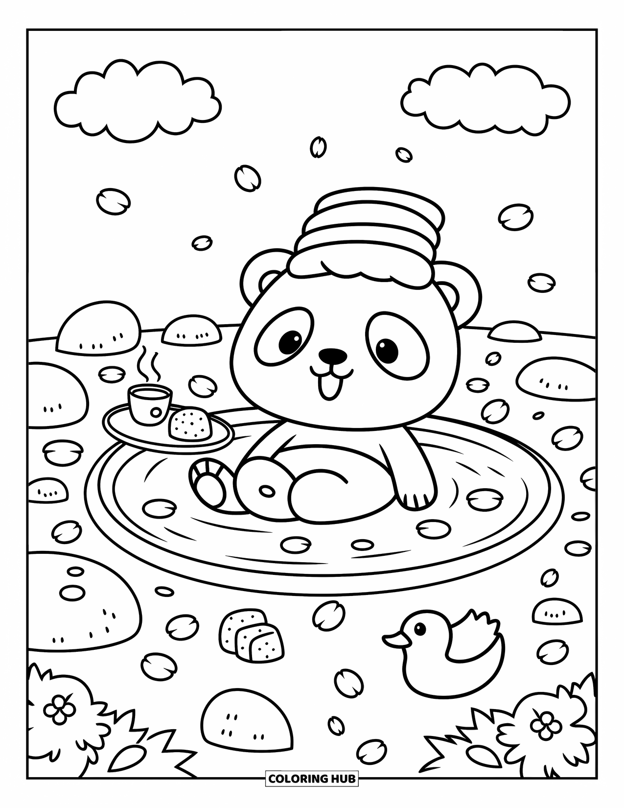 Baby Panda Coloring Page for Adults: The baby panda lounges in a hot spring with tea, mochi, and cherry blossoms