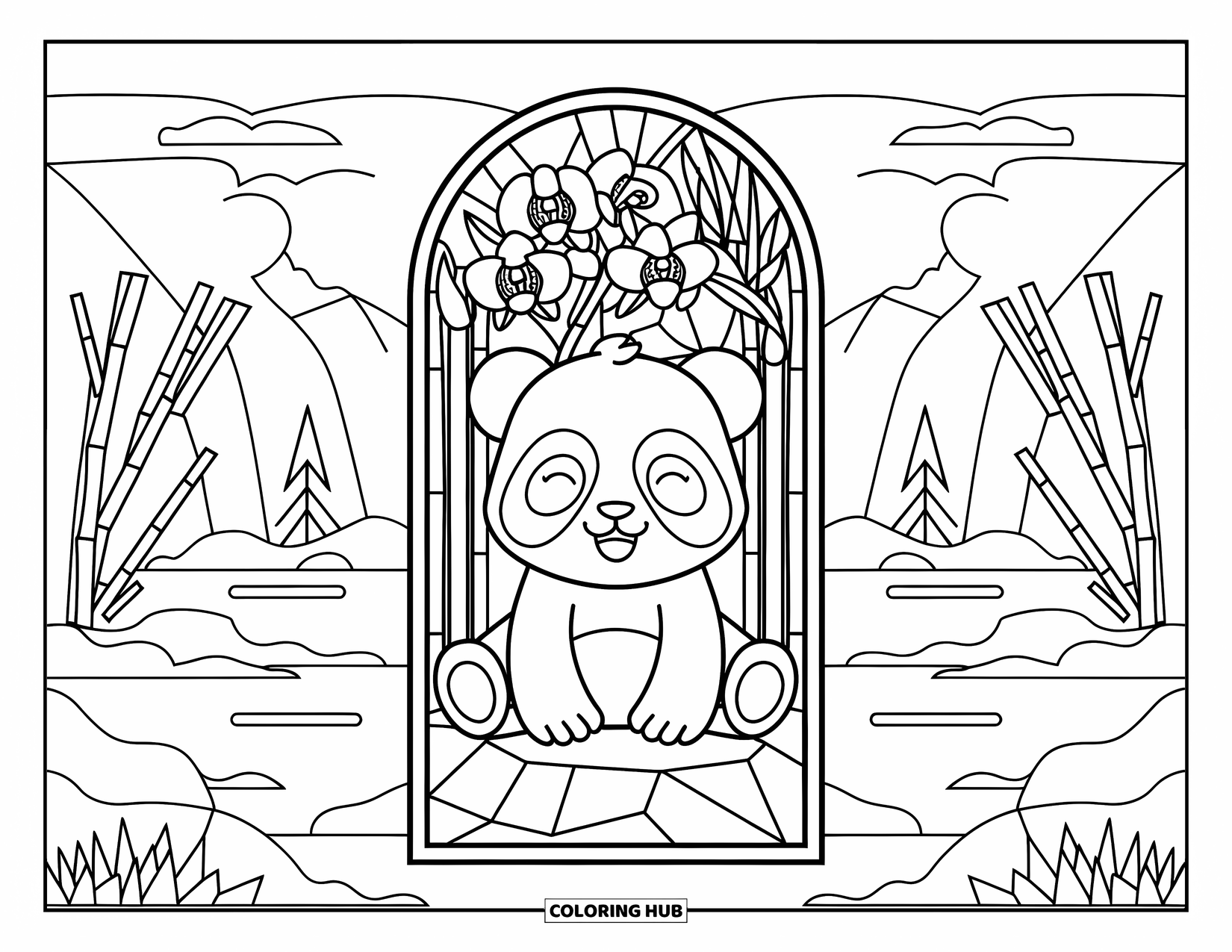 Baby Panda Coloring Page for Adults: The panda naps on a rock framed by stained glass, mountains, and peaceful waters