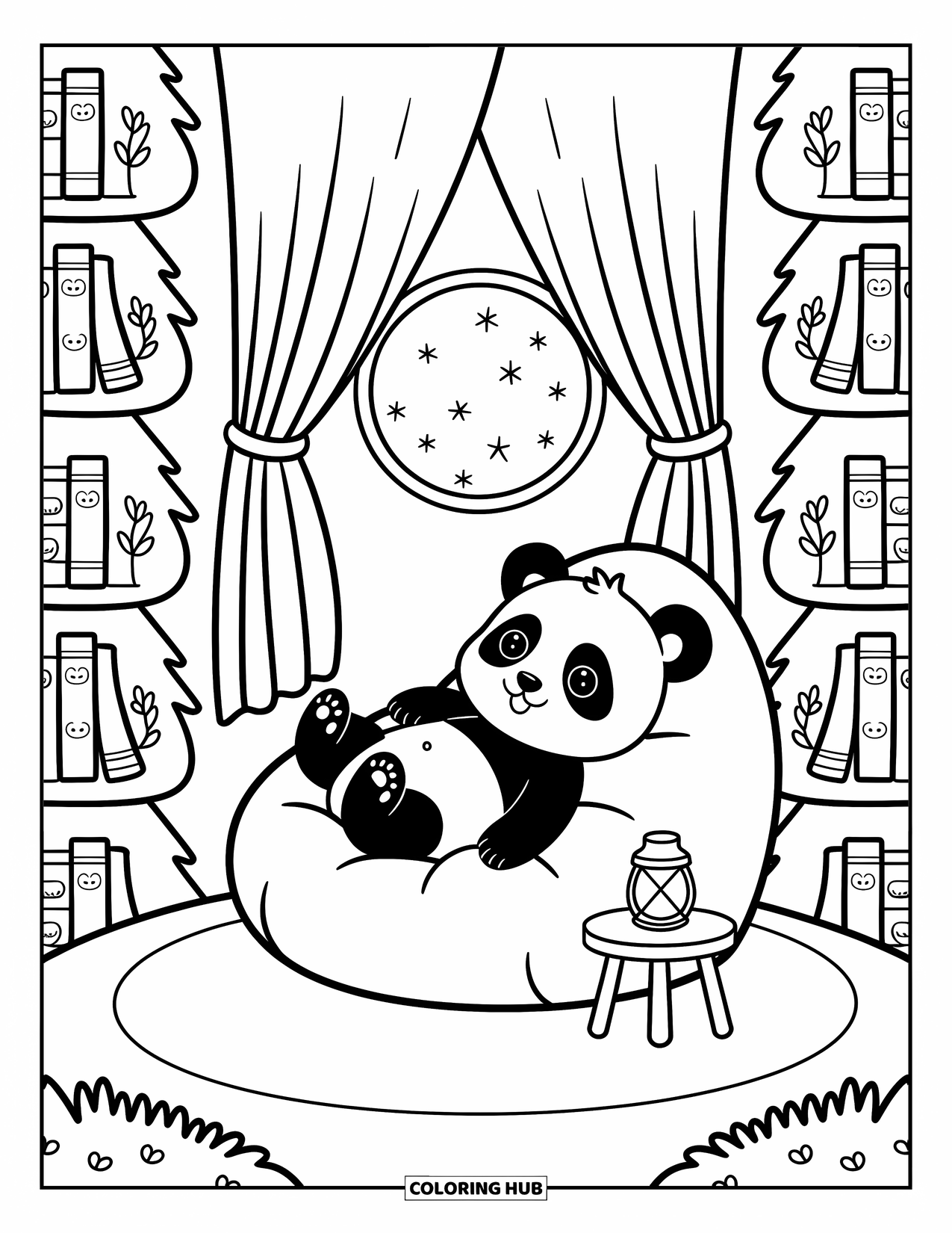 Baby Panda Coloring Page for Adults: The panda reads on a beanbag in a tree-shaped library with warm lights and stars