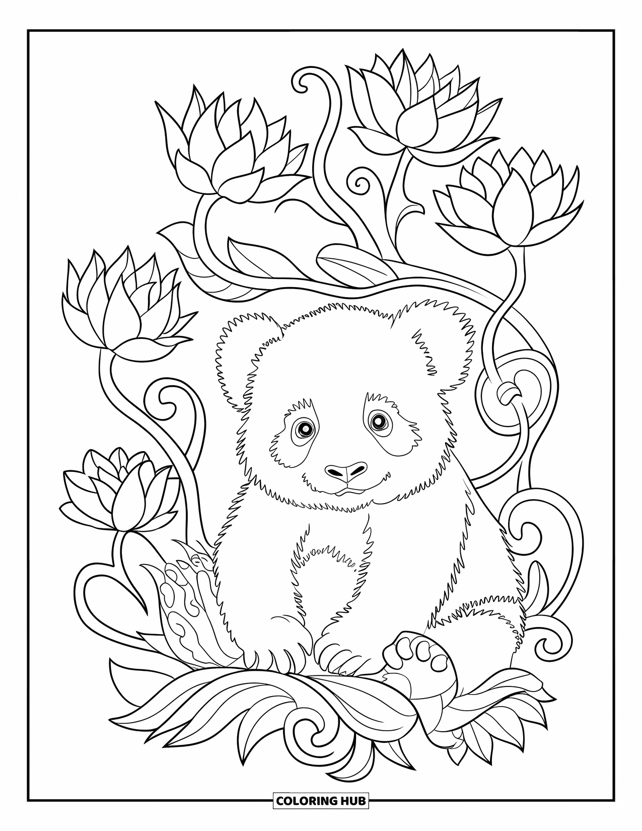 Baby Panda Coloring Page for Adults: The panda rests in lotus vines with bold outlines and a calm, open background