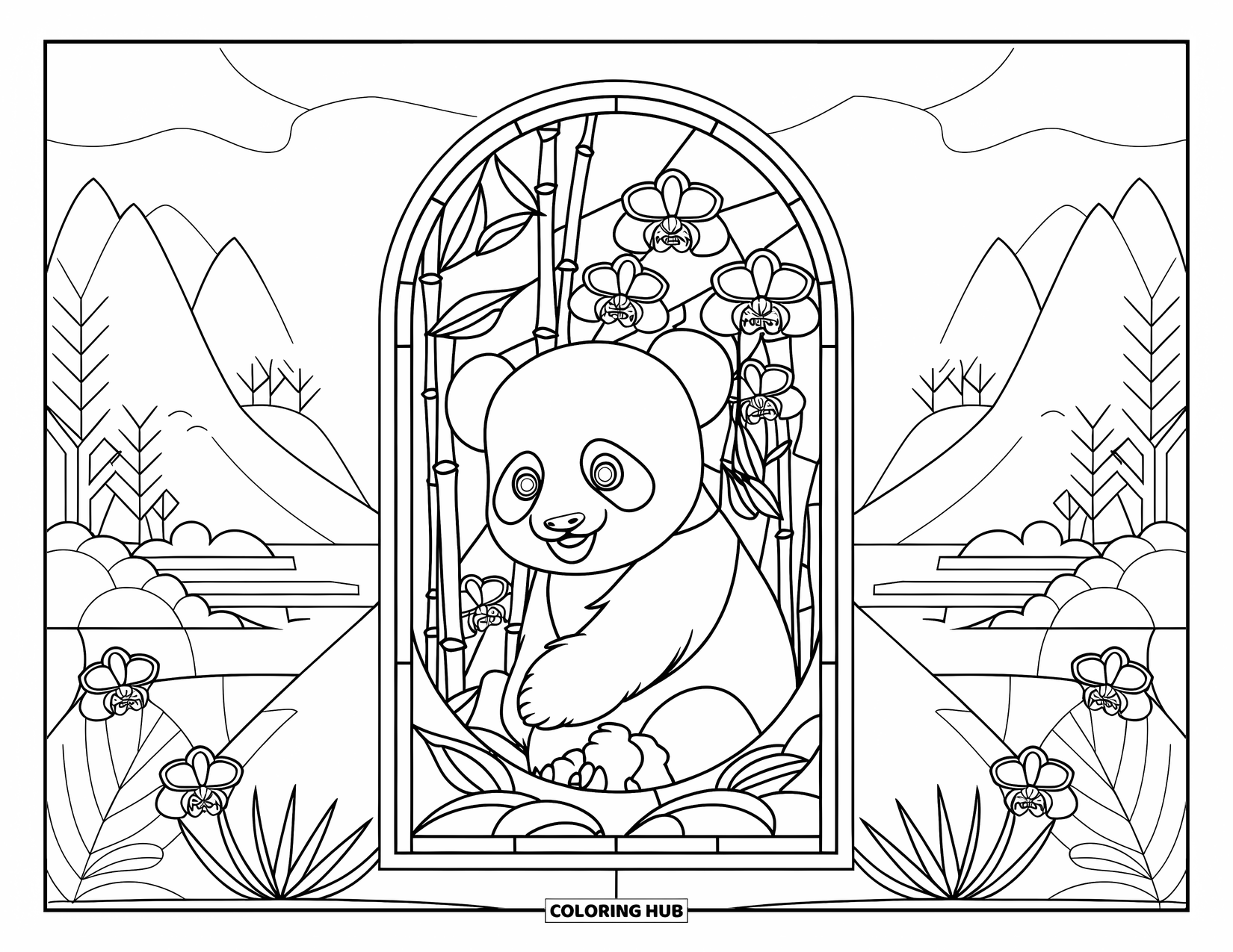 Baby Panda Coloring Page for Adults: The panda rests in stained glass with orchids, bamboo, mountains, and a quiet lake view