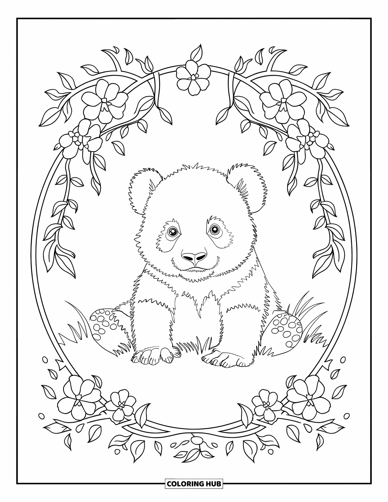 Baby Panda Coloring Page for Adults: The panda sits on grass in a cherry blossom frame with a simple, peaceful design