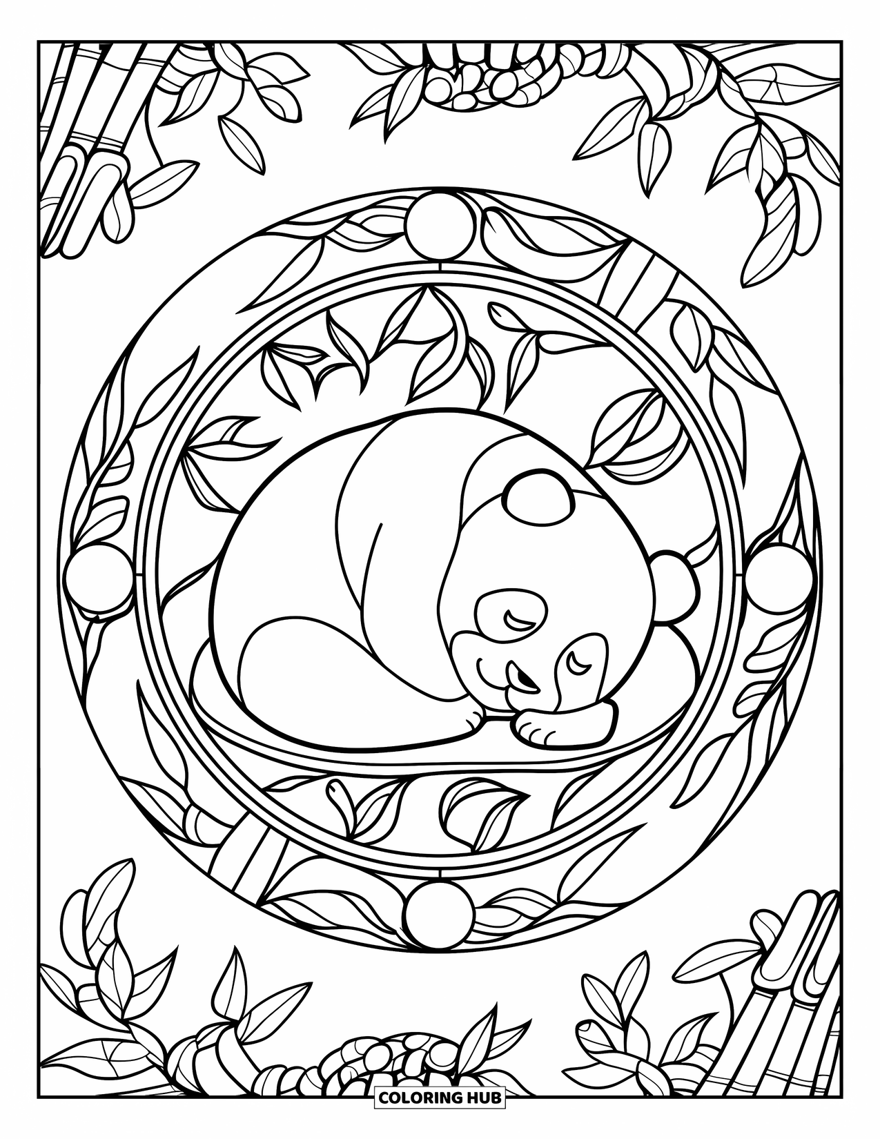 Baby Panda Coloring Page for Adults: The panda sleeps in a leafy stained glass frame on a simple white background