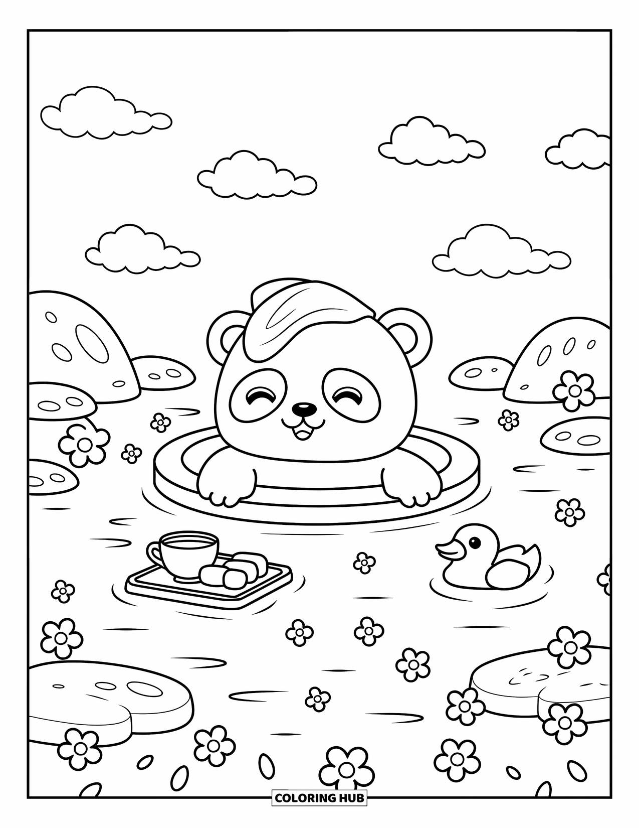 Baby Panda Coloring Page for Adults: The panda soaks in a hot spring with snacks and blossoms gently floating by