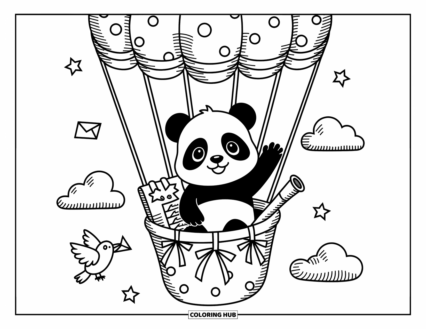Baby Panda Coloring Page for Adults: Waving one paw, a baby panda floats past clouds, stars, and a bird with mail