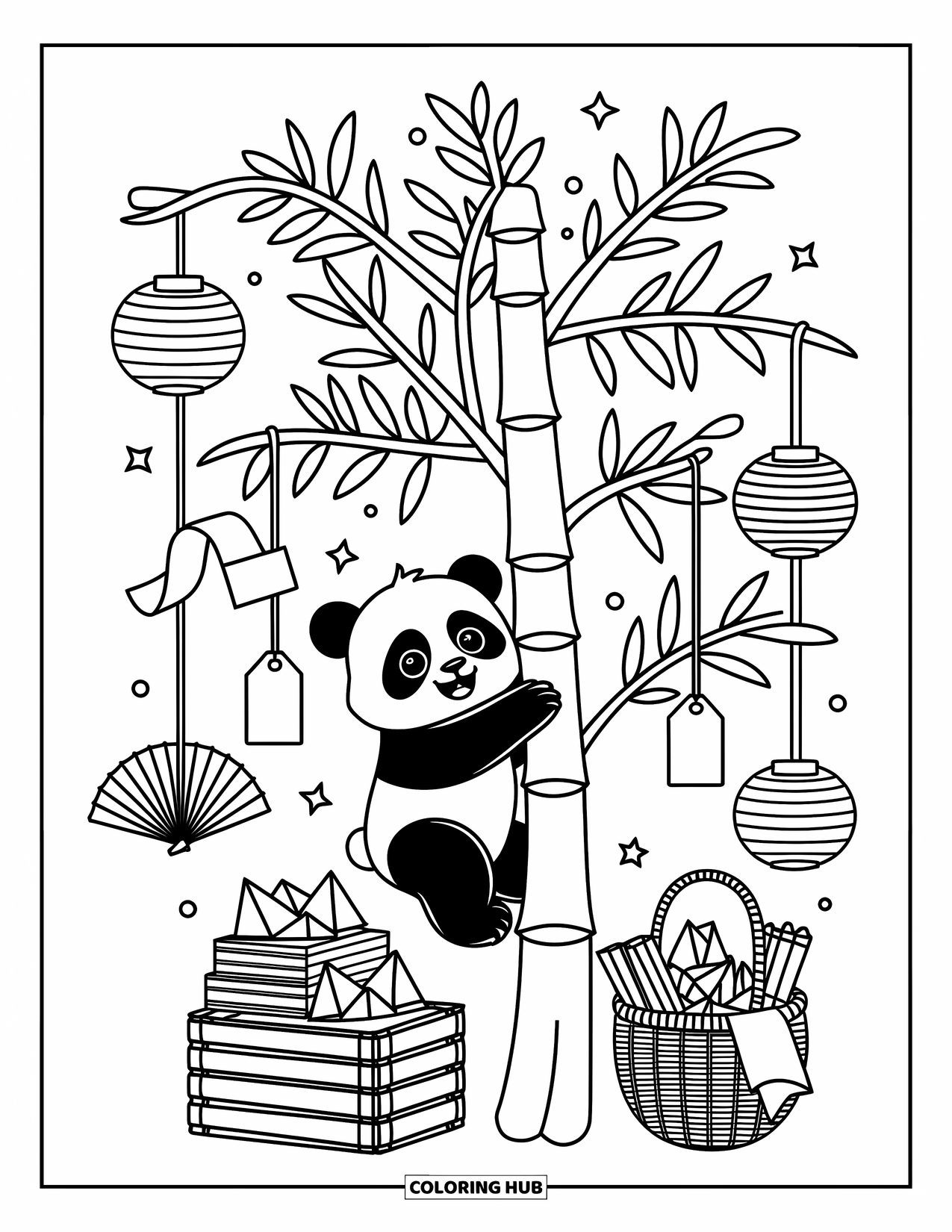 Baby Panda Coloring Page for Adults: Wish tags and lanterns flutter as a baby panda decorates a tall bamboo tree