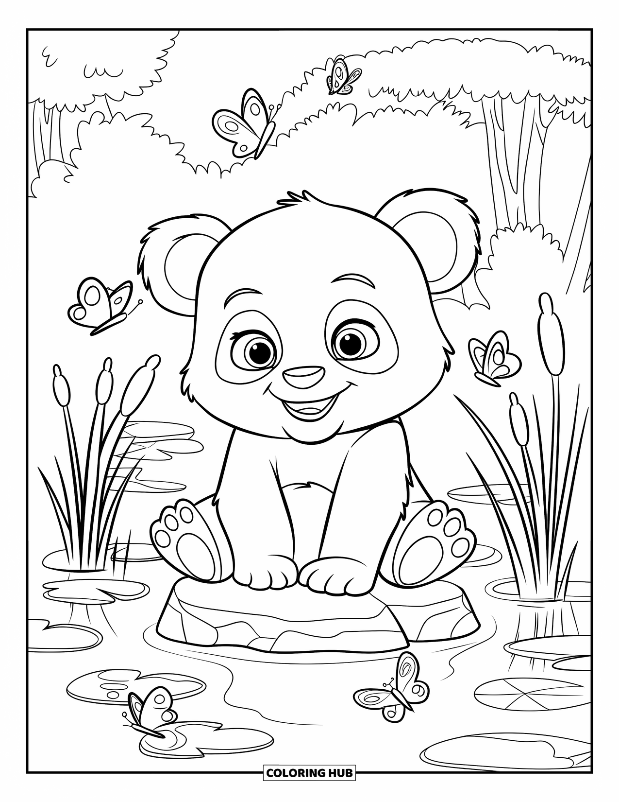 Baby Panda Coloring Page for Kids: Baby panda sits on a pond rock surrounded by reeds, butterflies, and a lush forest