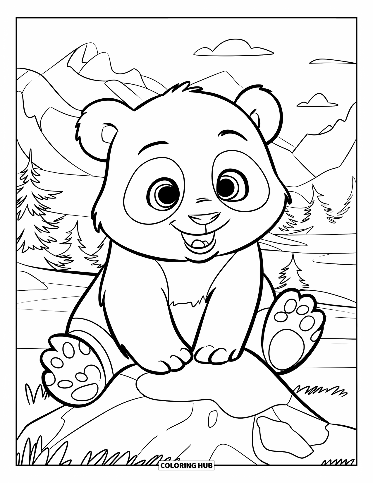 Baby Panda Coloring Page for Kids: Panda balances on a rock in a peaceful mountain forest