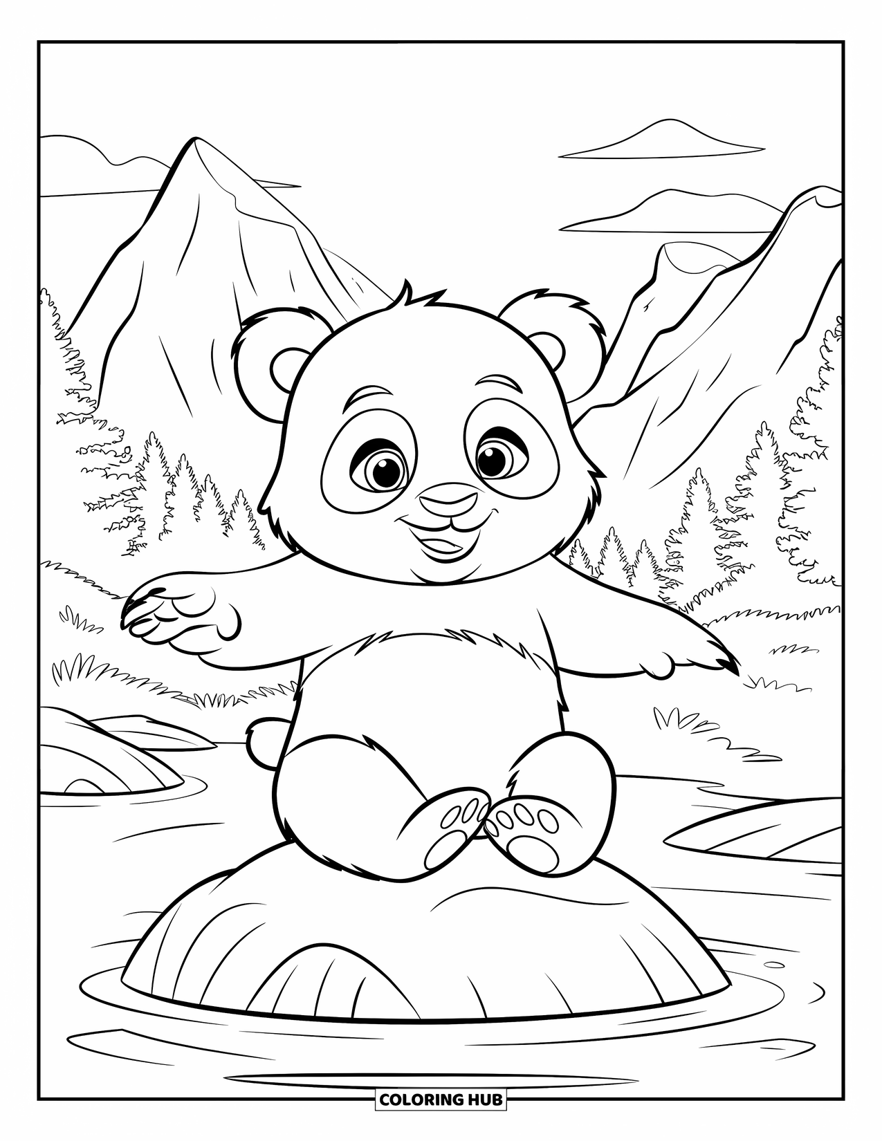 Baby Panda Coloring Page for Kids: Panda balances upright on a rock surrounded by forests and peaks