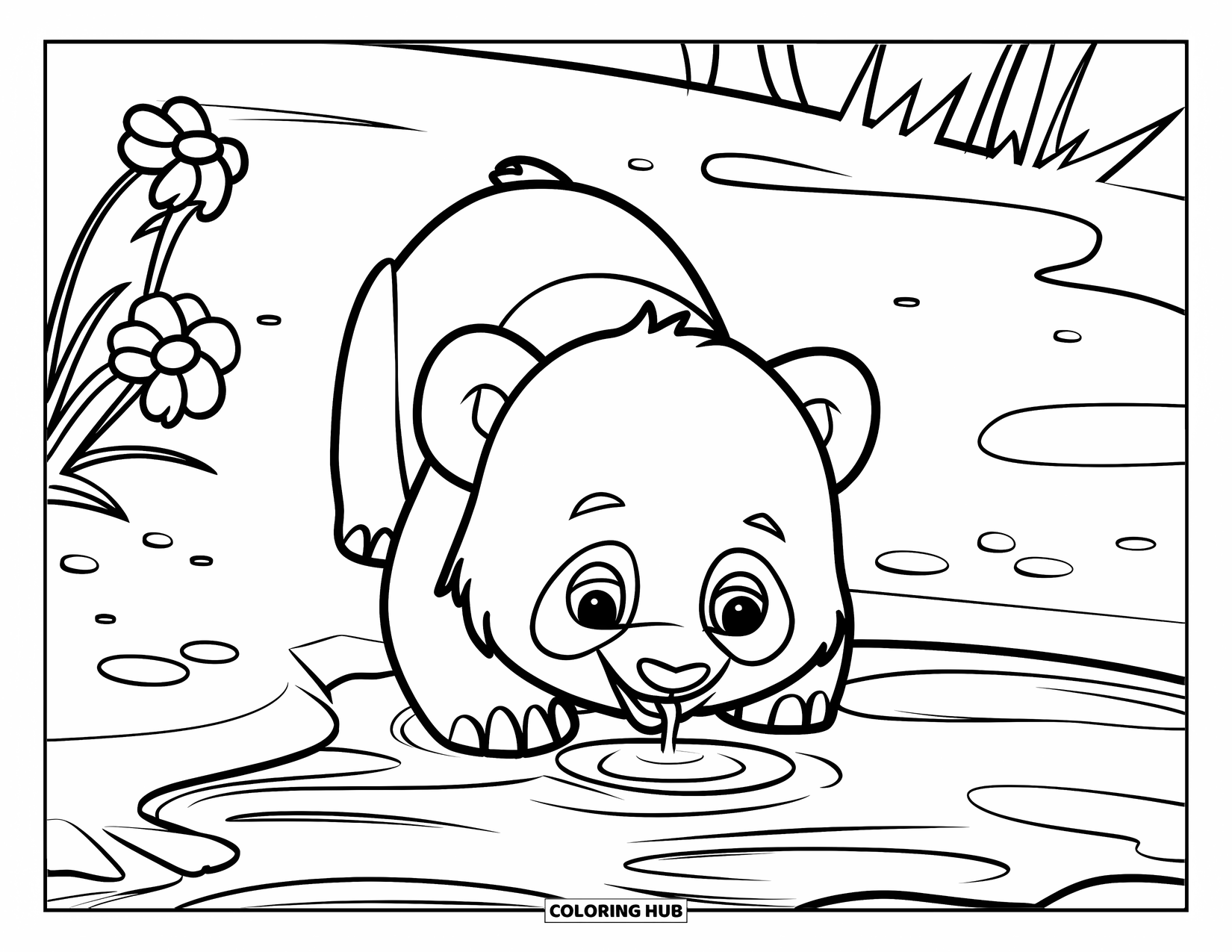 Baby Panda Coloring Page for Kids: Panda drinks from stream in a calm, flowery landscape