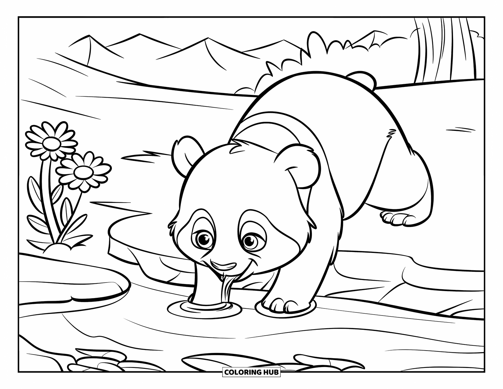 Baby Panda Coloring Page for Kids: Panda drinks from stream with mountains and flowers nearby