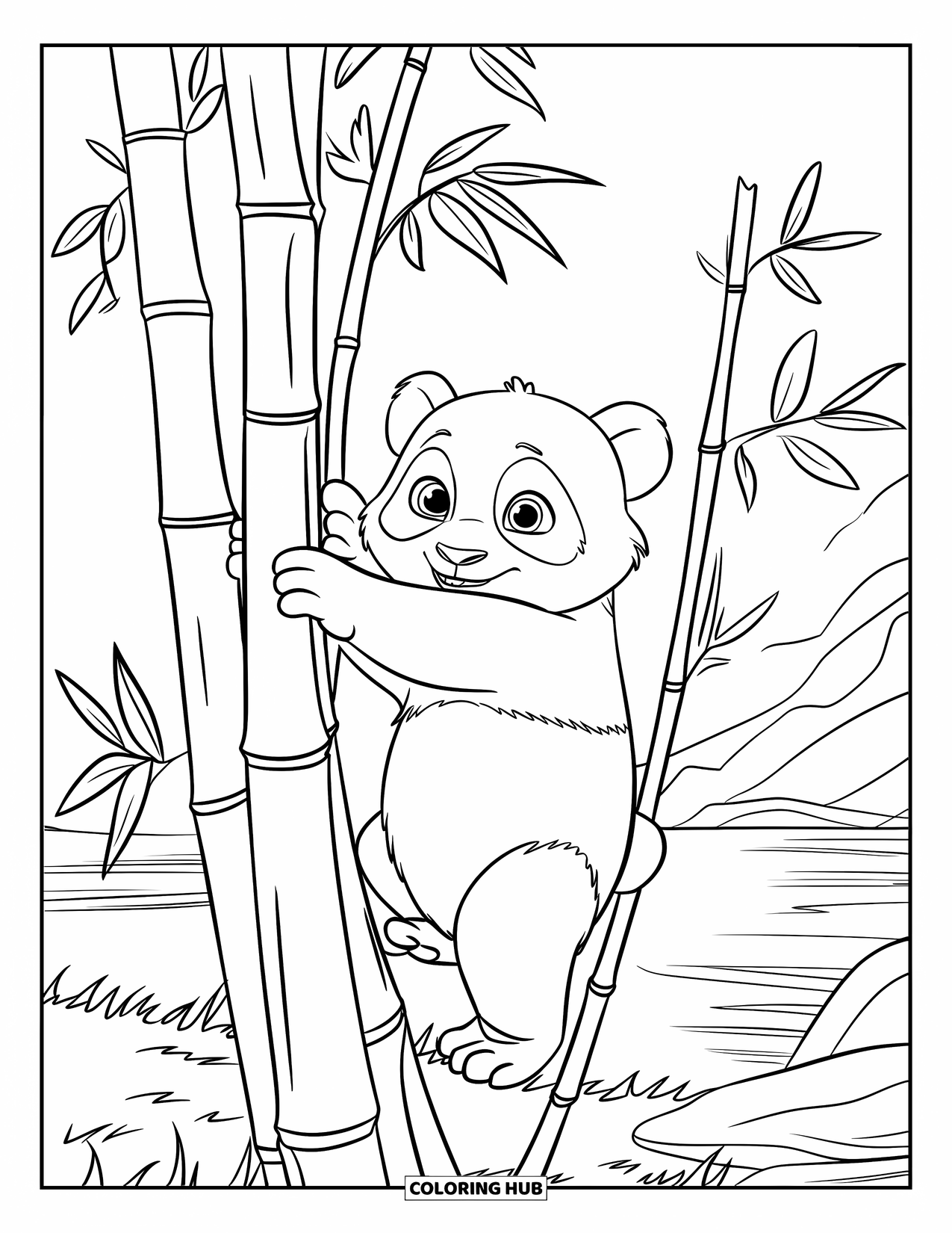 Baby Panda Coloring Page for Kids: Panda halfway up a bamboo tree, holding a branch with mountains and lake behind