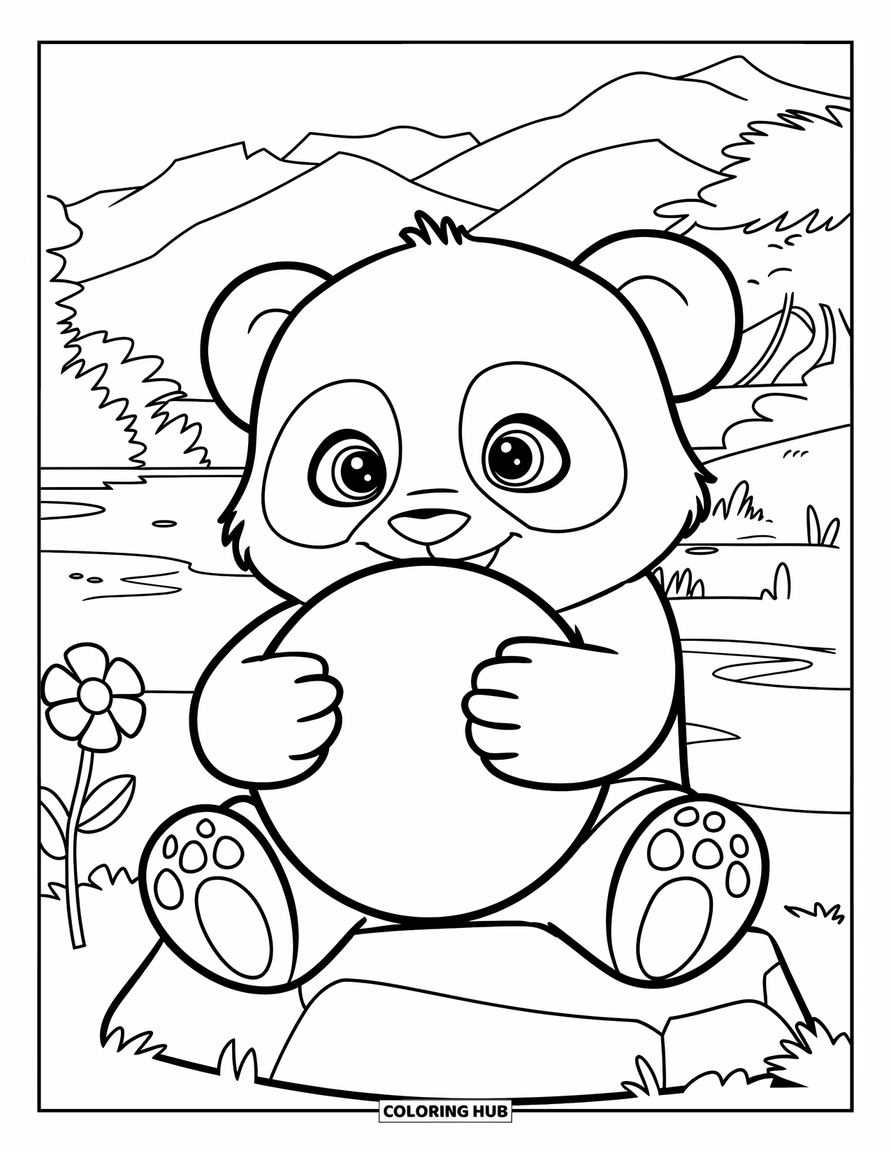 Baby Panda Coloring Page for Kids: Panda holding a ball sits on a rock, flower beside, with water and hills nearby