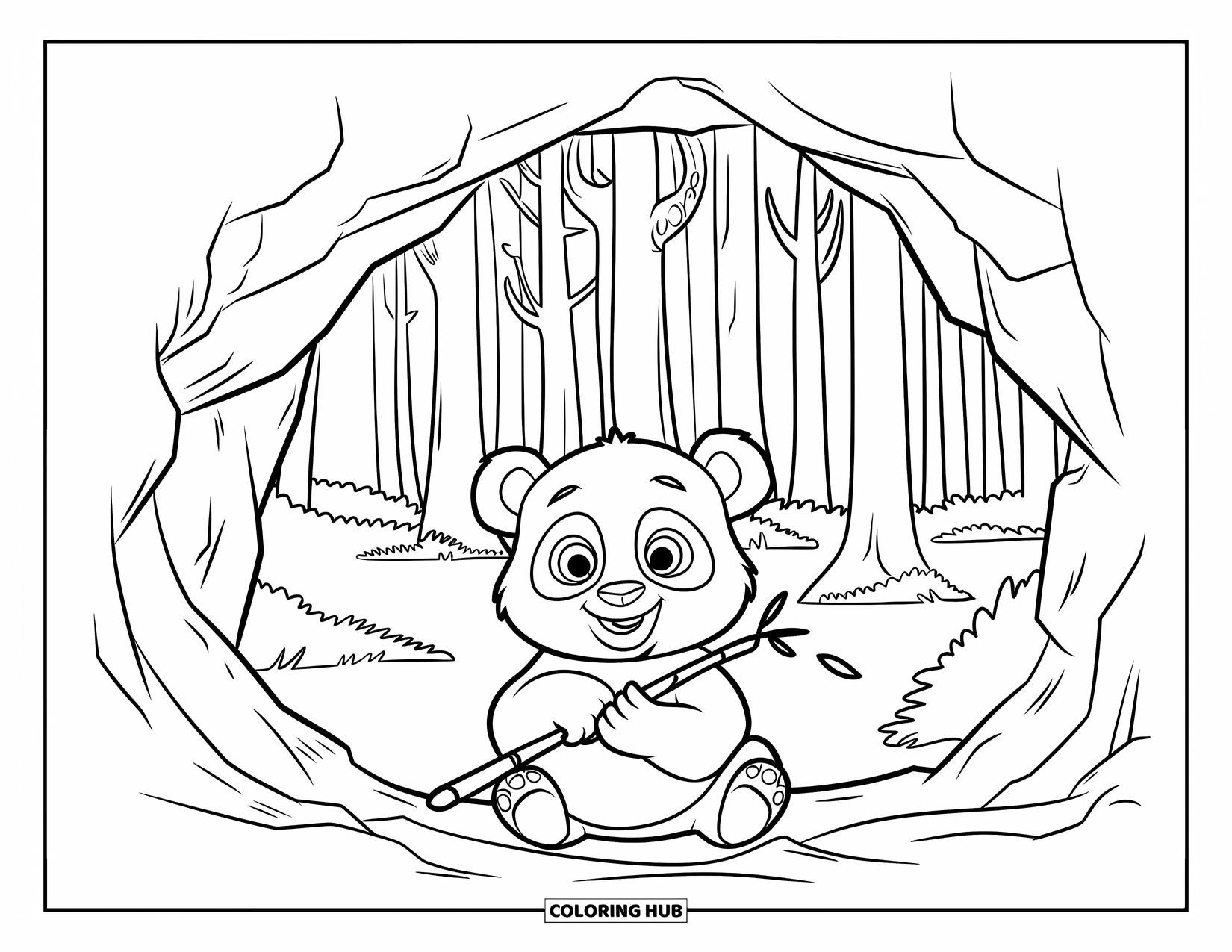 Baby Panda Coloring Page for Kids: Panda holding bamboo in a forest-view cave with leafy ground