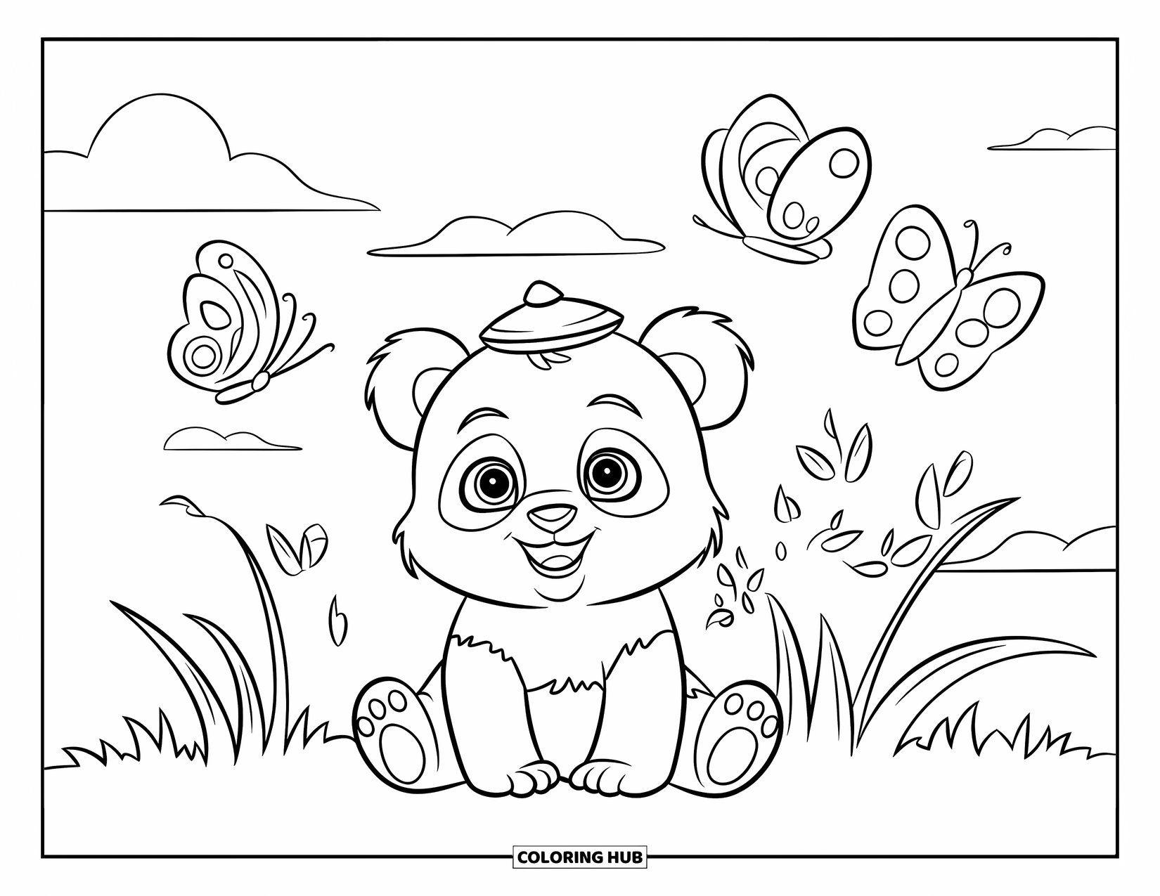 Baby Panda Coloring Page for Kids: Panda in a hat sits in grass with butterflies under a white sky and clouds