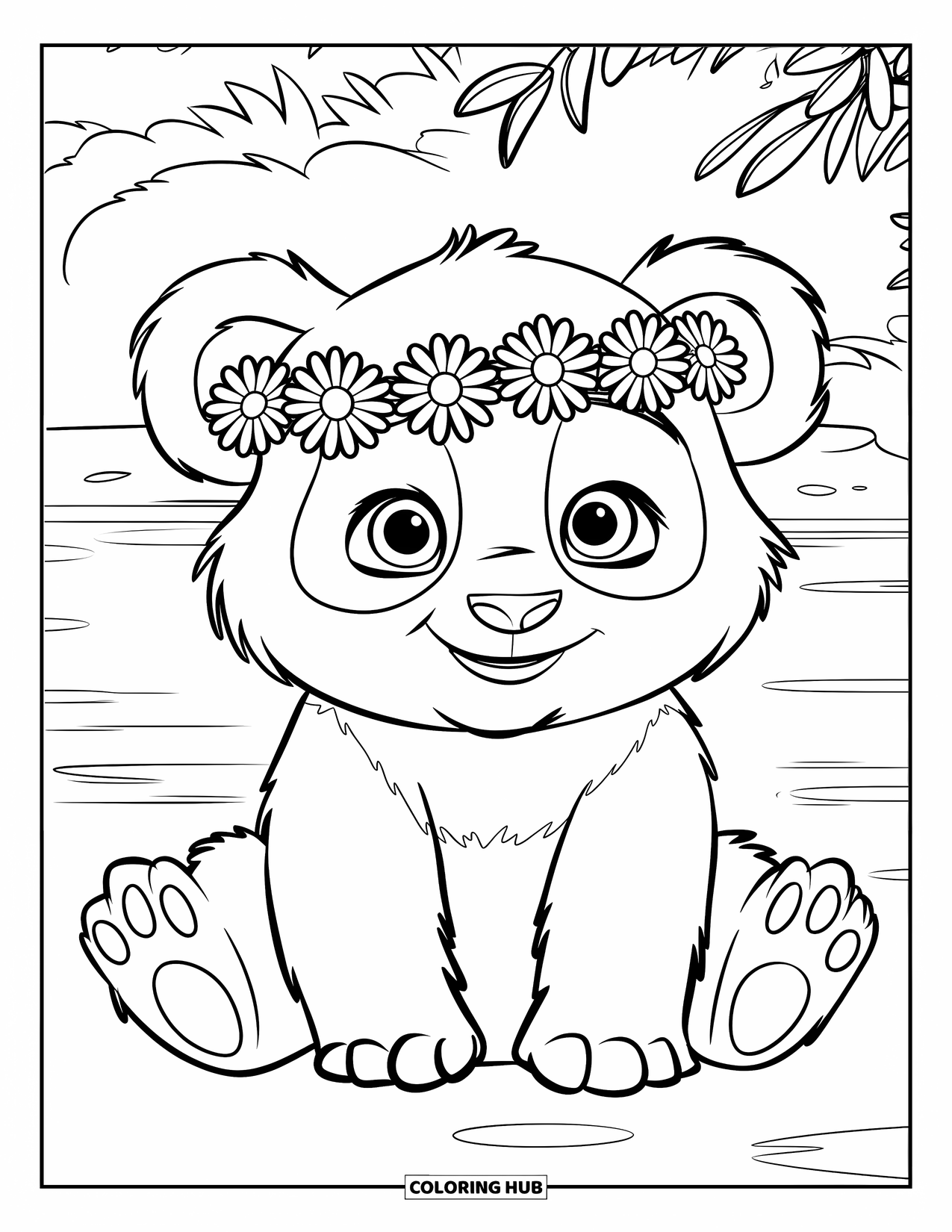 Baby Panda Coloring Page for Kids: Panda in daisy crown rests by water and greenery