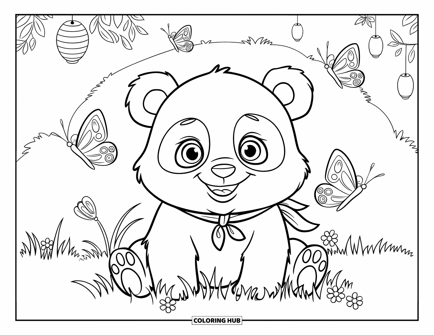 Baby Panda Coloring Page for Kids: Panda in red scarf sits in grass while butterflies flutter under lantern-lit sky