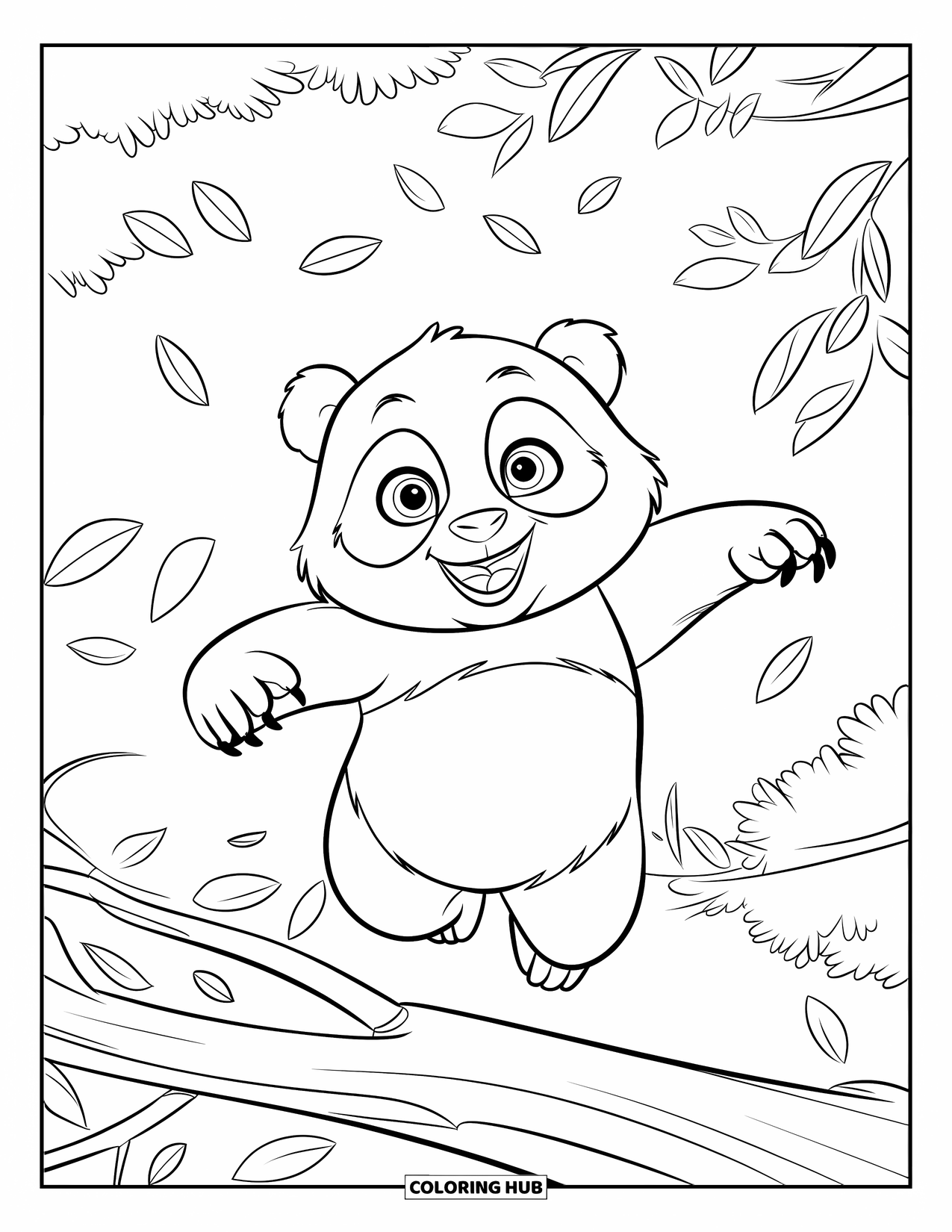 Baby Panda Coloring Page for Kids: Panda leaps with wide eyes among leaves in a green forest