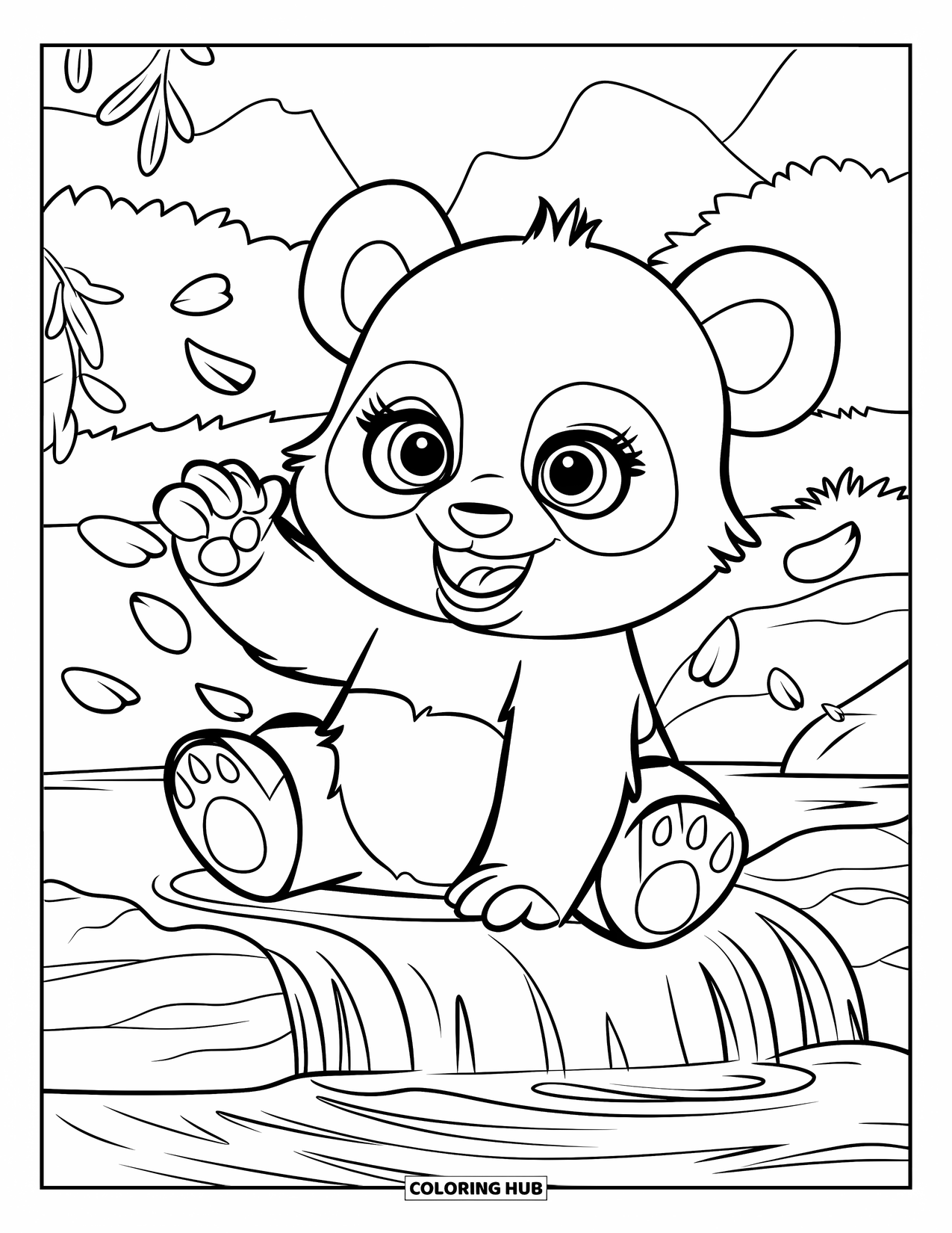 Baby Panda Coloring Page for Kids: Panda near a waterfall catching petals in a quiet forest landscape