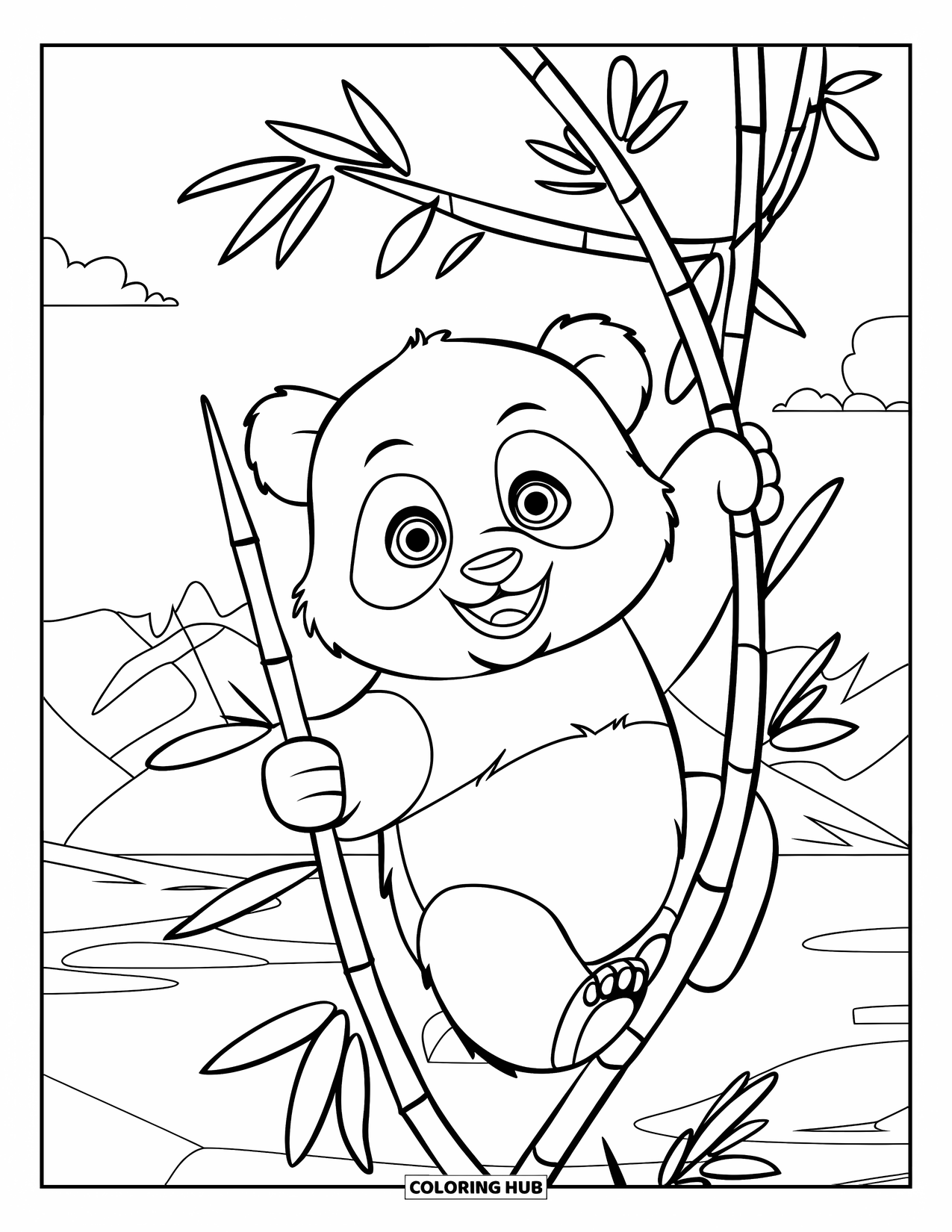 Baby Panda Coloring Page for Kids: Panda on a bamboo branch in a serene landscape of water, mountains, and clouds