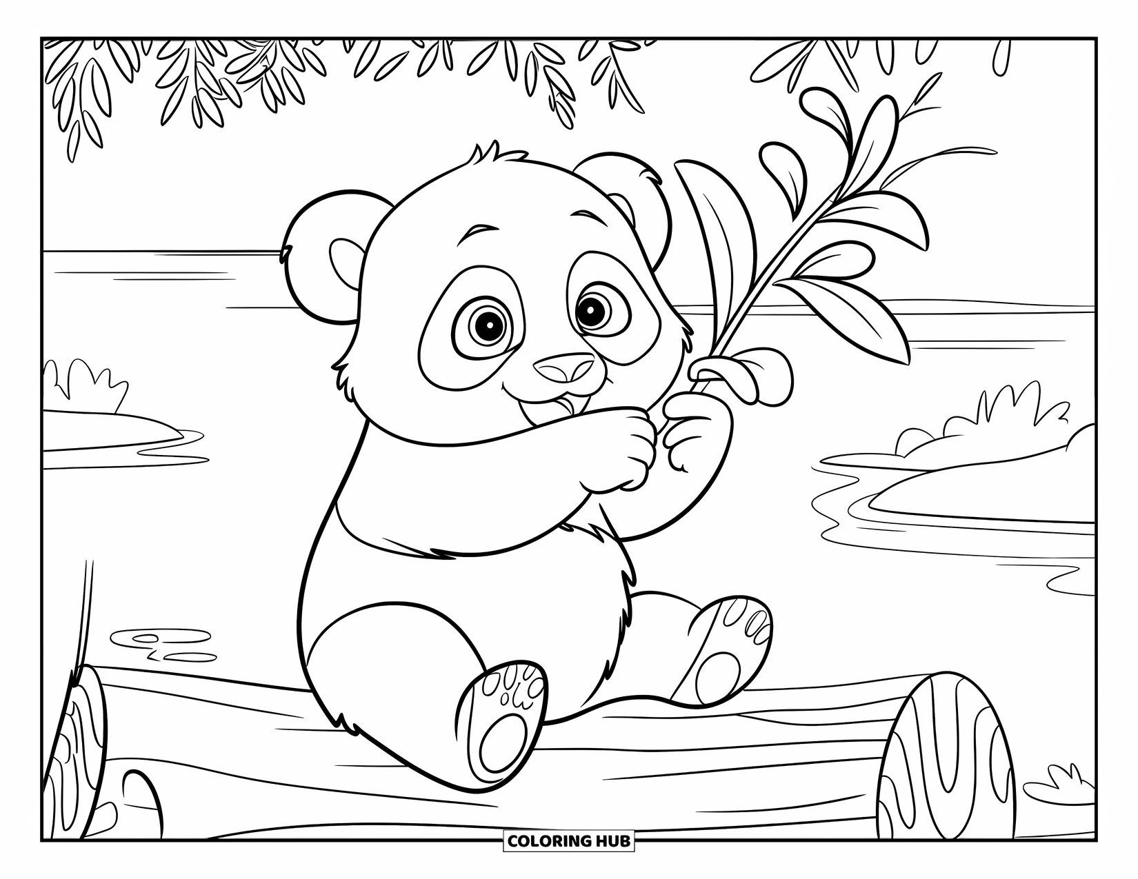 Baby Panda Coloring Page for Kids: Panda on a log playing with eucalyptus beside calm water and lush greenery