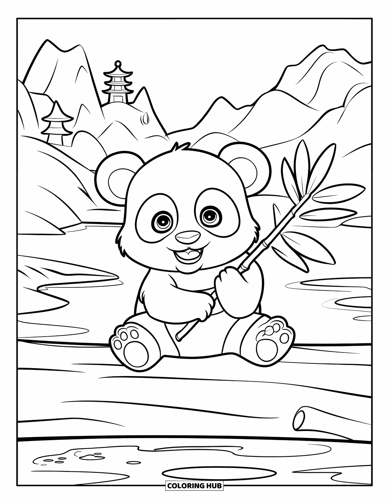 Baby Panda Coloring Page for Kids: Panda on a log with bamboo shoot, calm water and temple on a mountain nearby