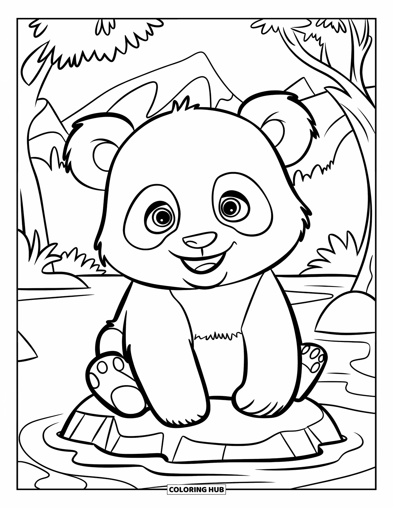 Baby Panda Coloring Page for Kids: Panda on a rock in water, surrounded by trees and mountains, simple layout
