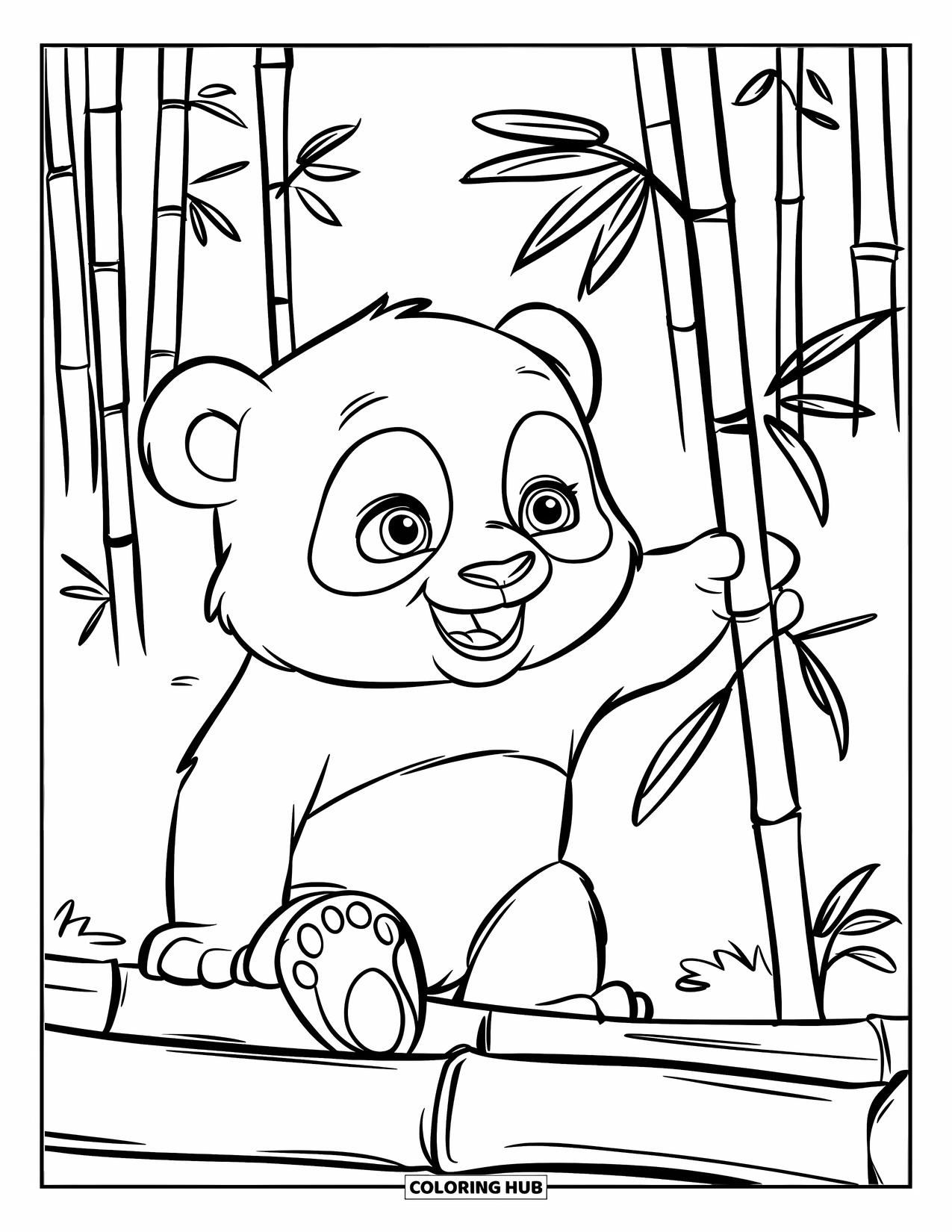 Baby Panda Coloring Page for Kids: Panda reaches for bamboo while sitting on a forest log