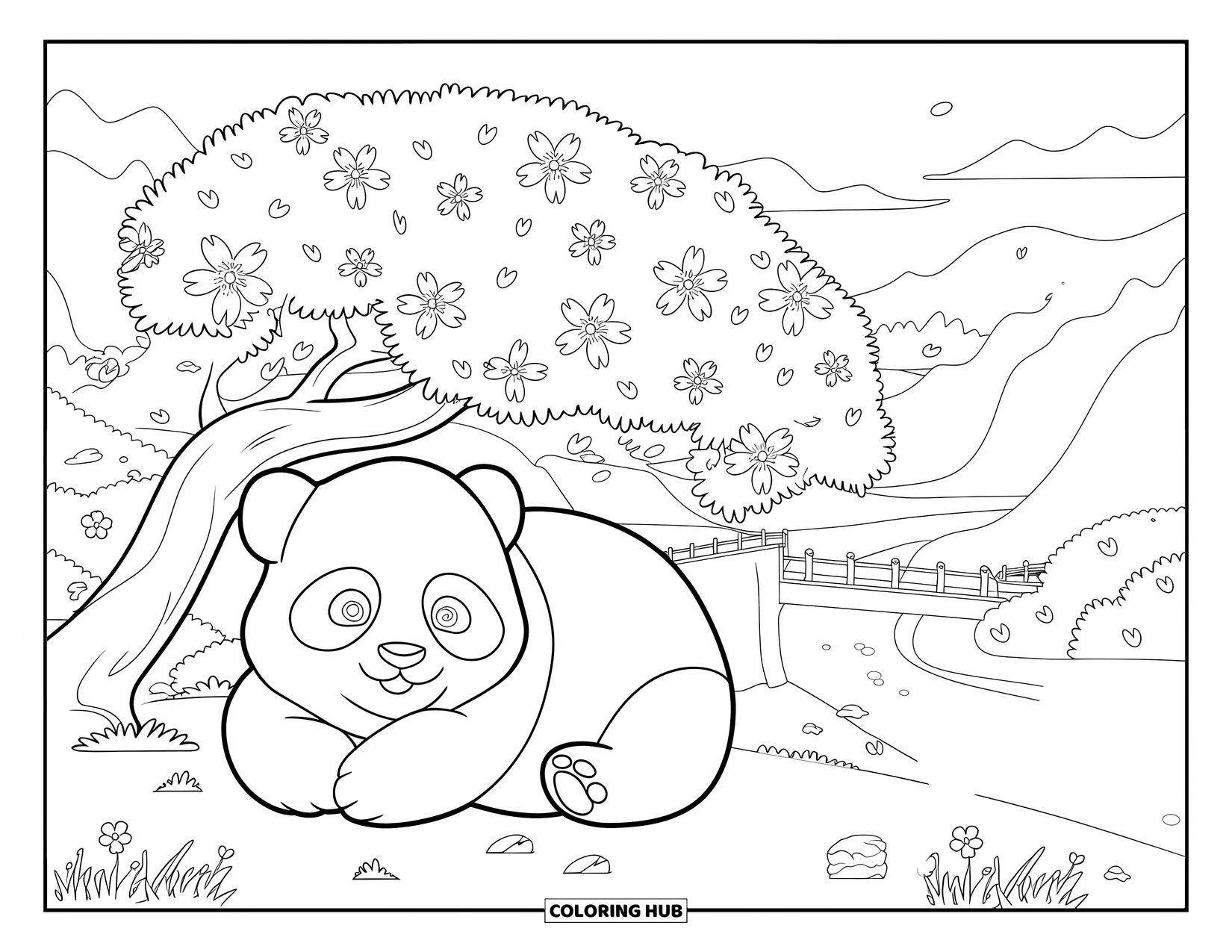 Baby Panda Coloring Page for Kids: Panda rests by a cherry tree while playful pandas frolic by the river