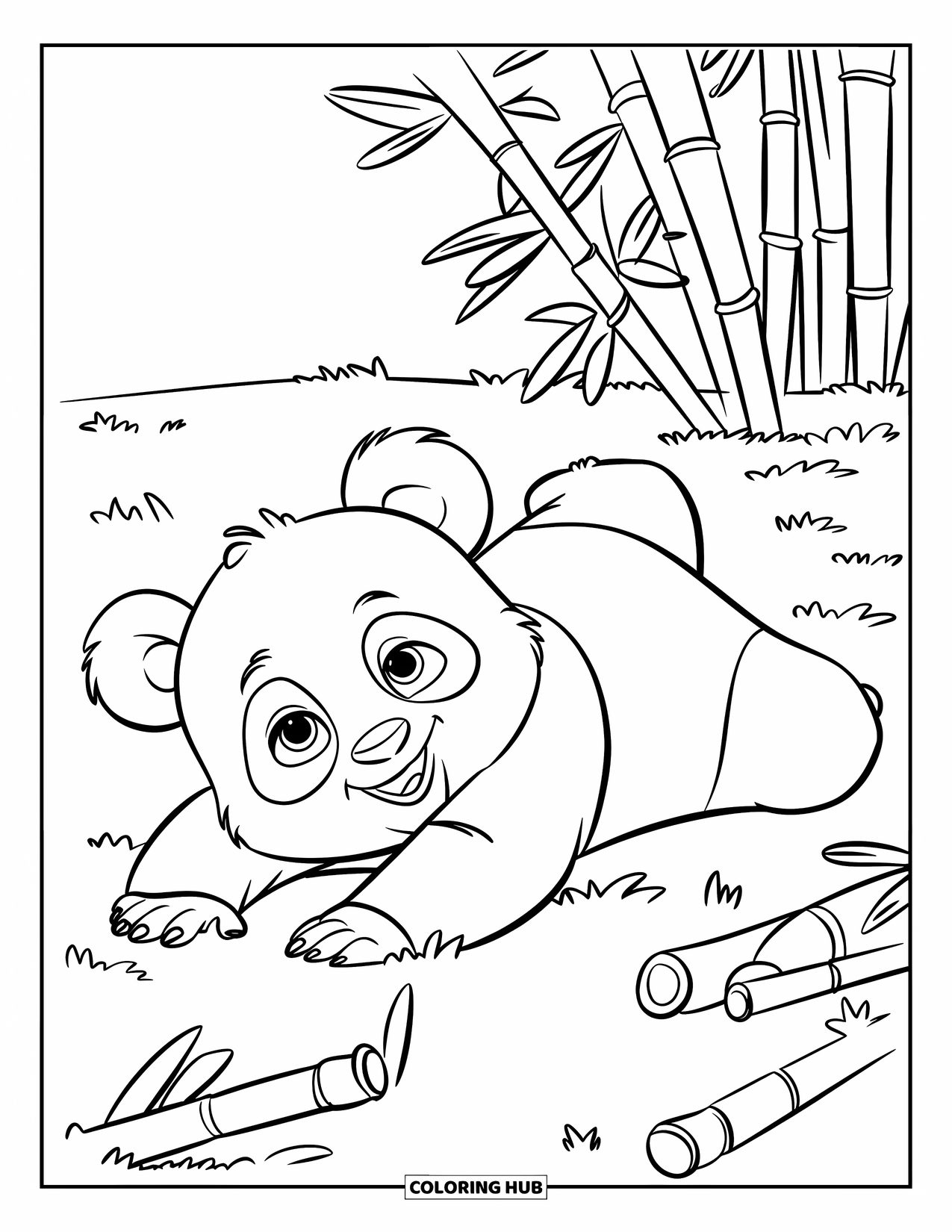 Baby Panda Coloring Page for Kids: Panda rolls playfully on grass with bamboo toppling nearby