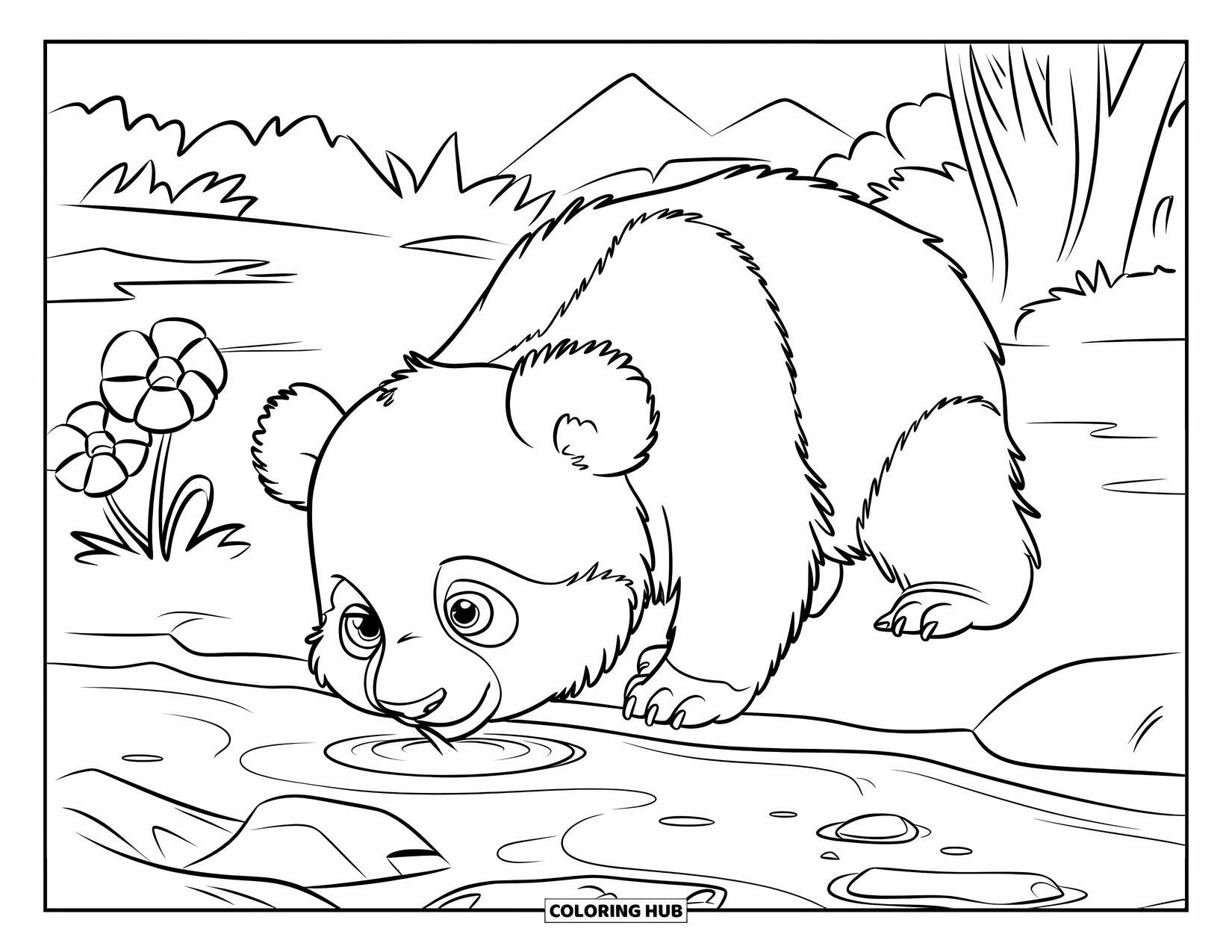 Baby Panda Coloring Page for Kids: Panda sips water near mountains, flowers bloom beside