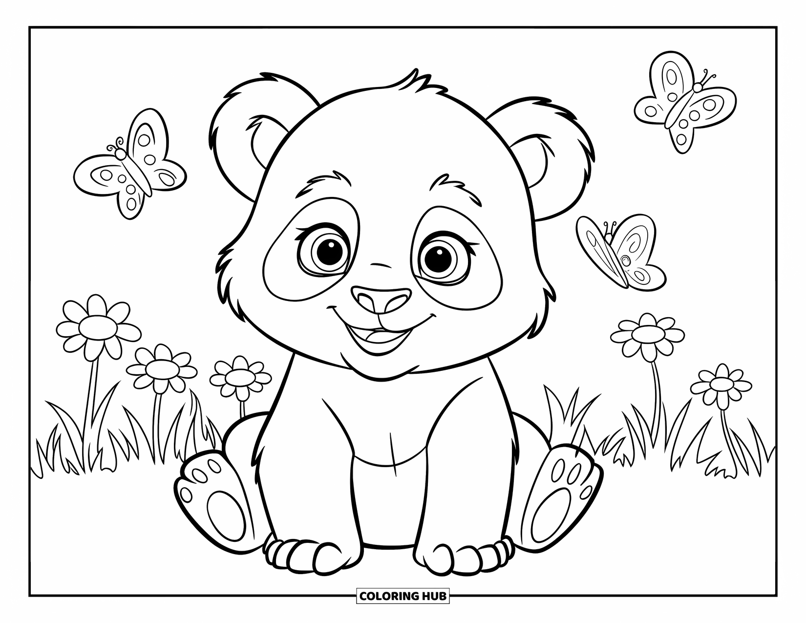 Baby Panda Coloring Page for Kids: Panda sits in grassy field as butterflies fly overhead, simple and cheerful