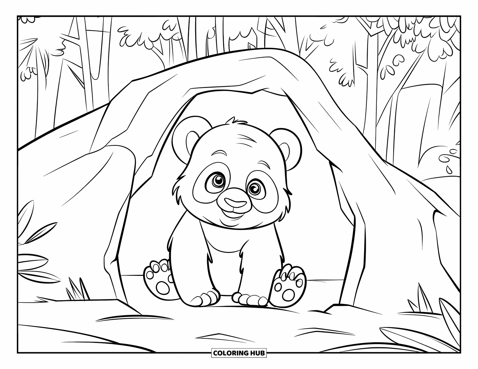 Baby Panda Coloring Page for Kids: Panda sits inside a cave with forest trees in the distance