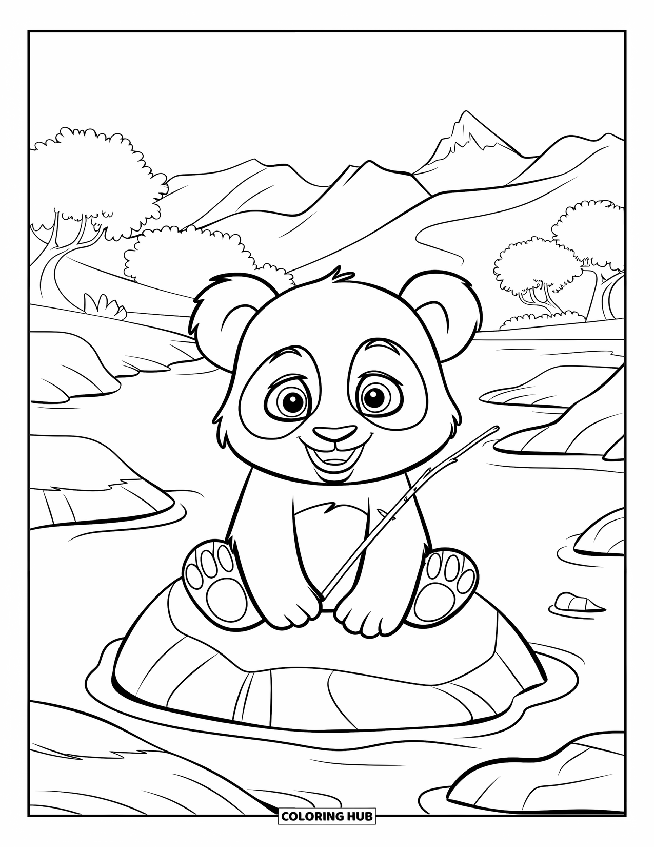 Baby Panda Coloring Page for Kids: Panda sits on a river rock holding a stick under a clear mountain sky