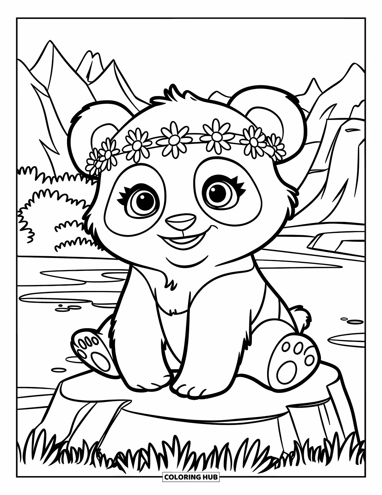 Baby Panda Coloring Page for Kids: Panda sits on a rock wearing a daisy flower crown