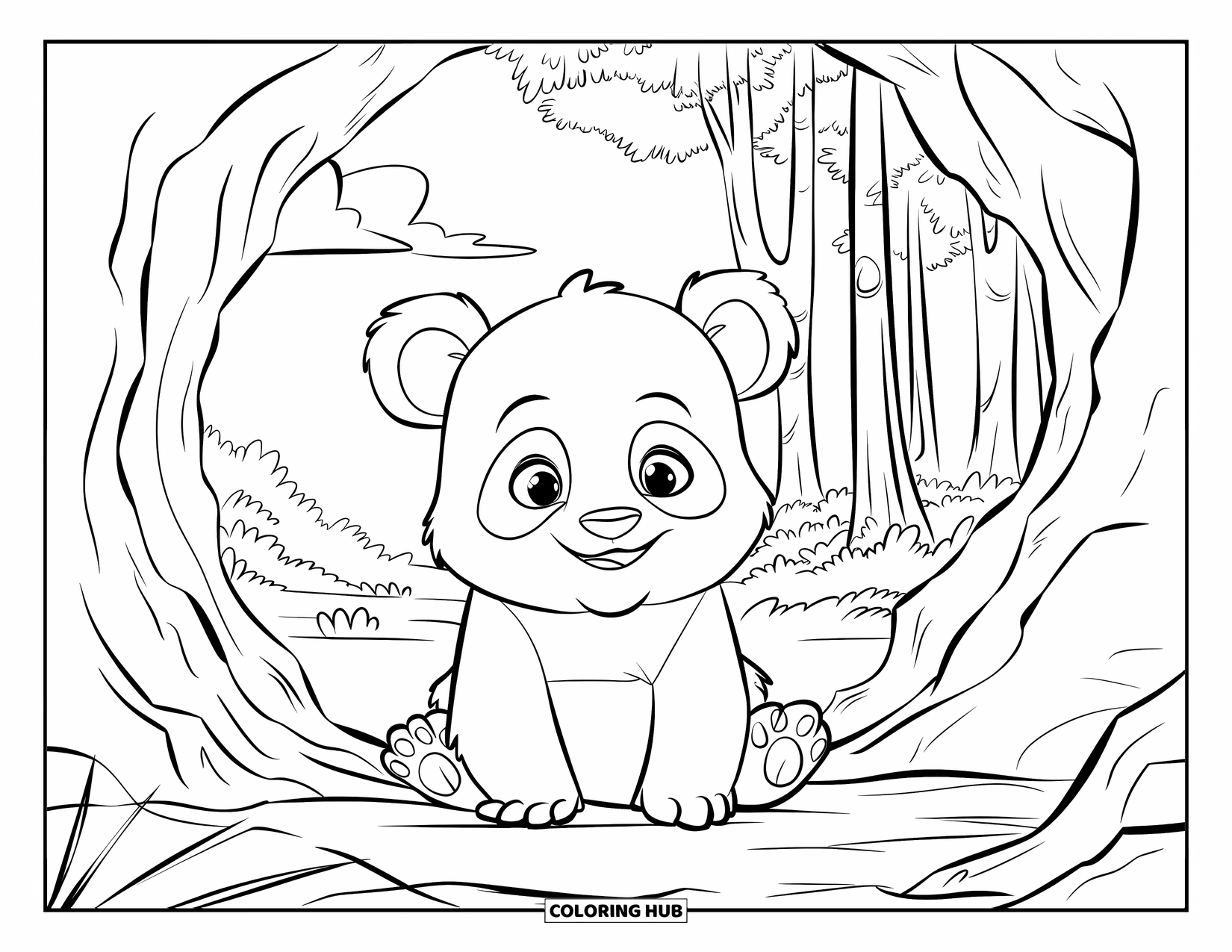 Baby Panda Coloring Page for Kids: Panda sitting near cave edge with trees, sky, and soft forest view