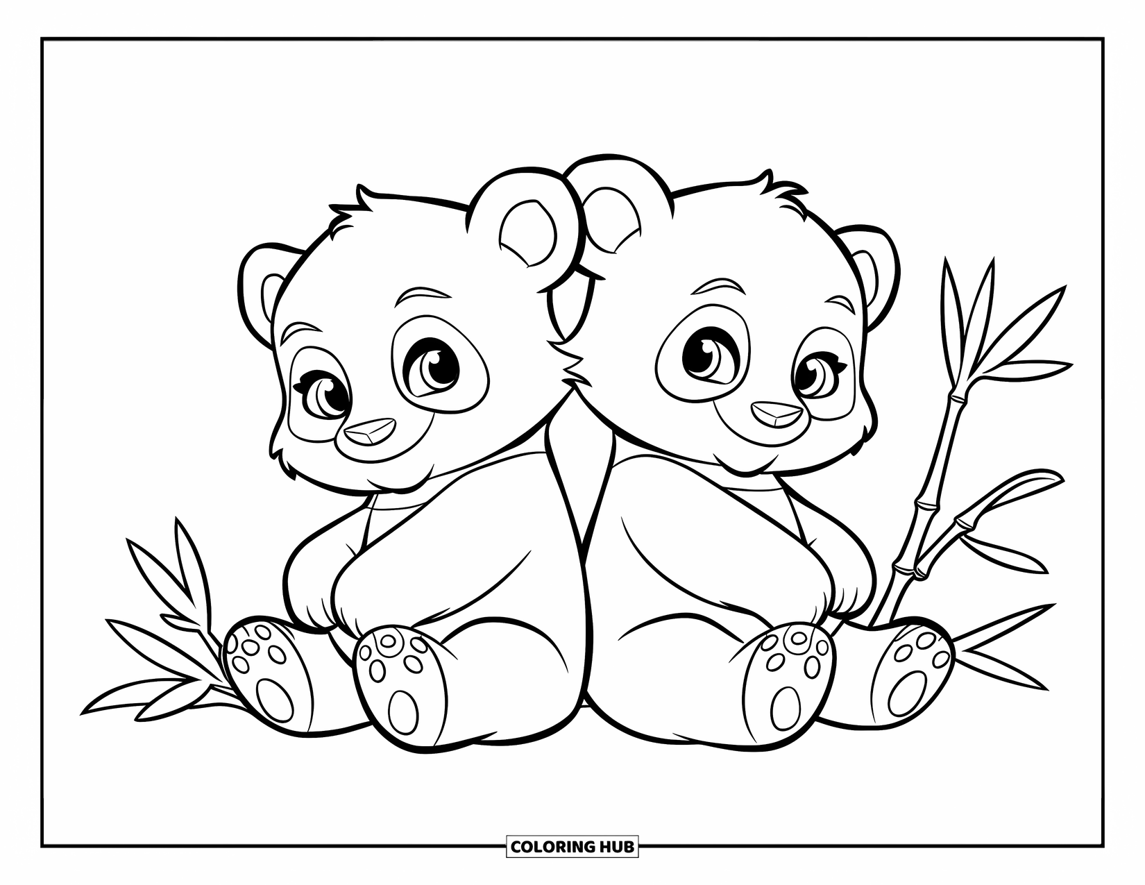 Baby Panda Coloring Page for Kids: Two pandas sit back-to-back with bamboo leaves around them