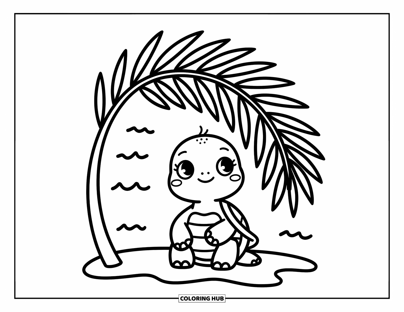 Baby Turtle Coloring Page for Adults: A baby turtle gazes up under a palm leaf, surrounded by soft sand and shells