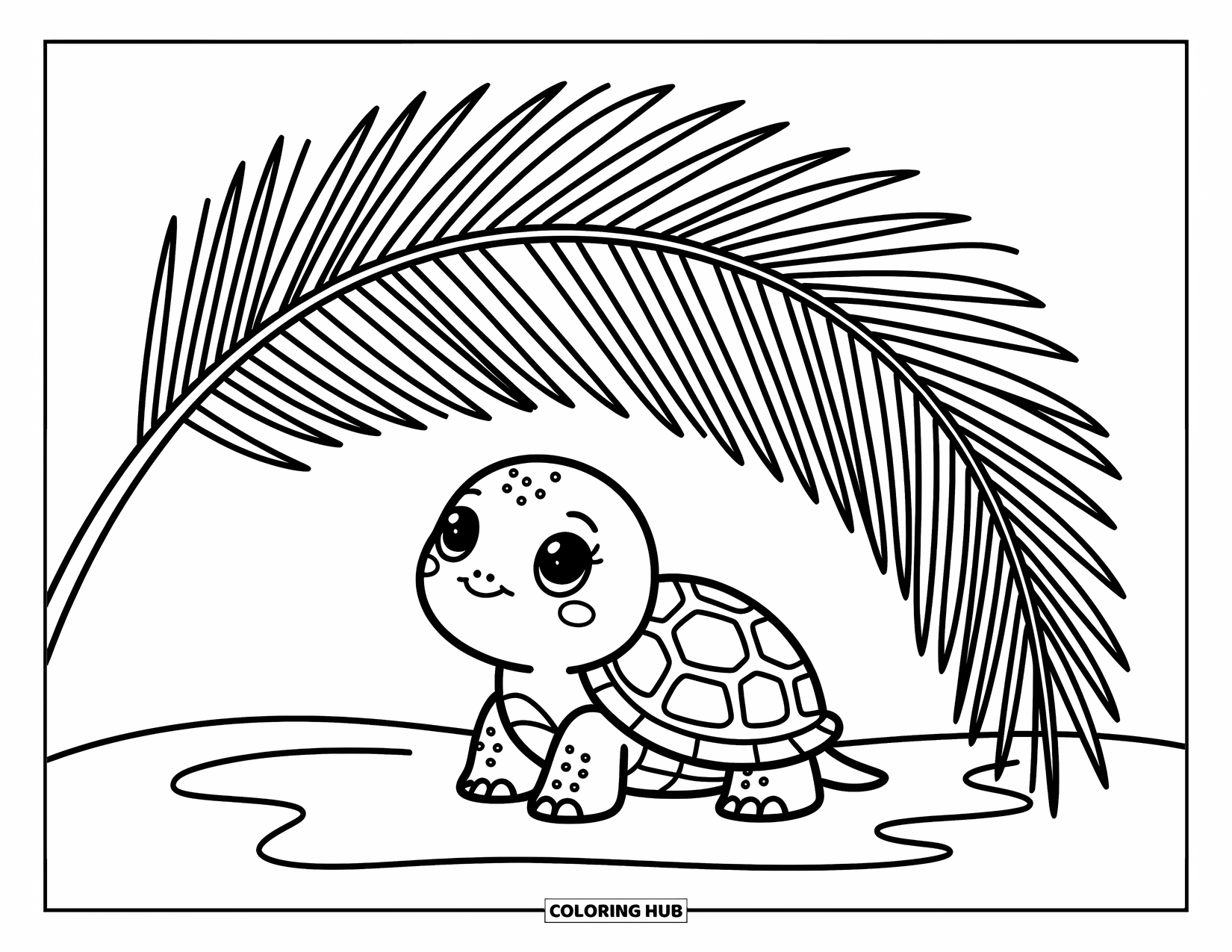 Baby Turtle Coloring Page for Adults: A baby turtle relaxes under a big palm leaf with soft curves and cozy lines