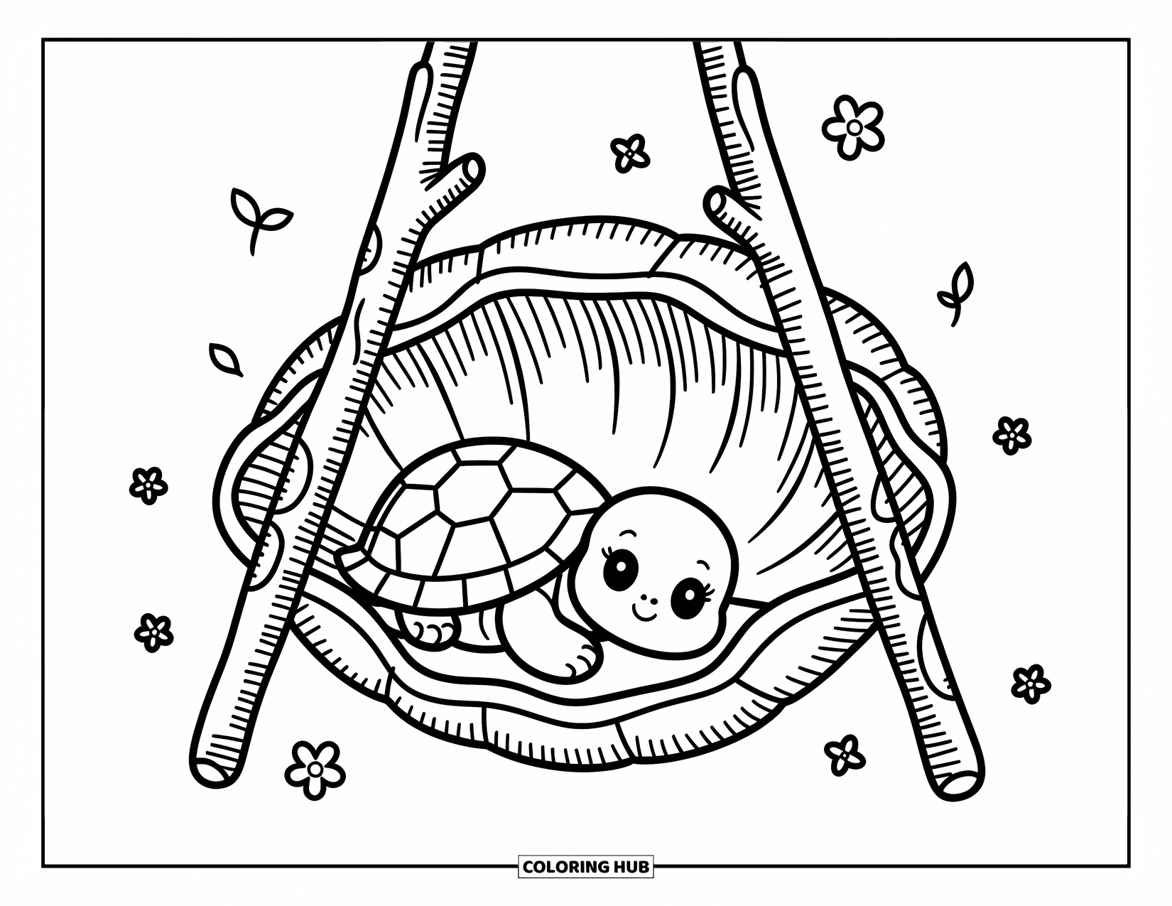 Baby Turtle Coloring Page for Adults: A baby turtle rests in a hanging shell hammock with flowers and leaves nearby
