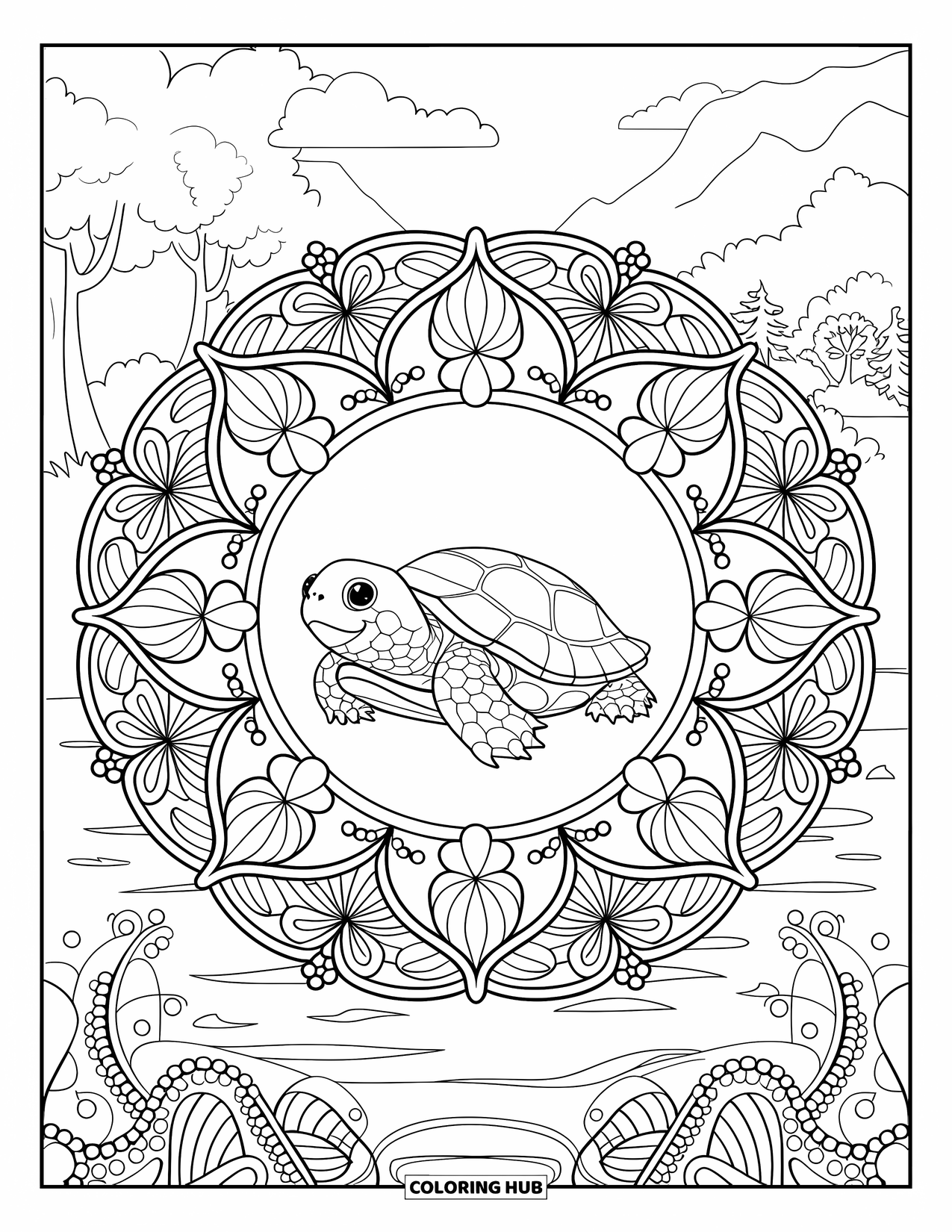 Baby Turtle Coloring Page for Adults: A baby turtle rests peacefully in the center of a leafy floral mandala