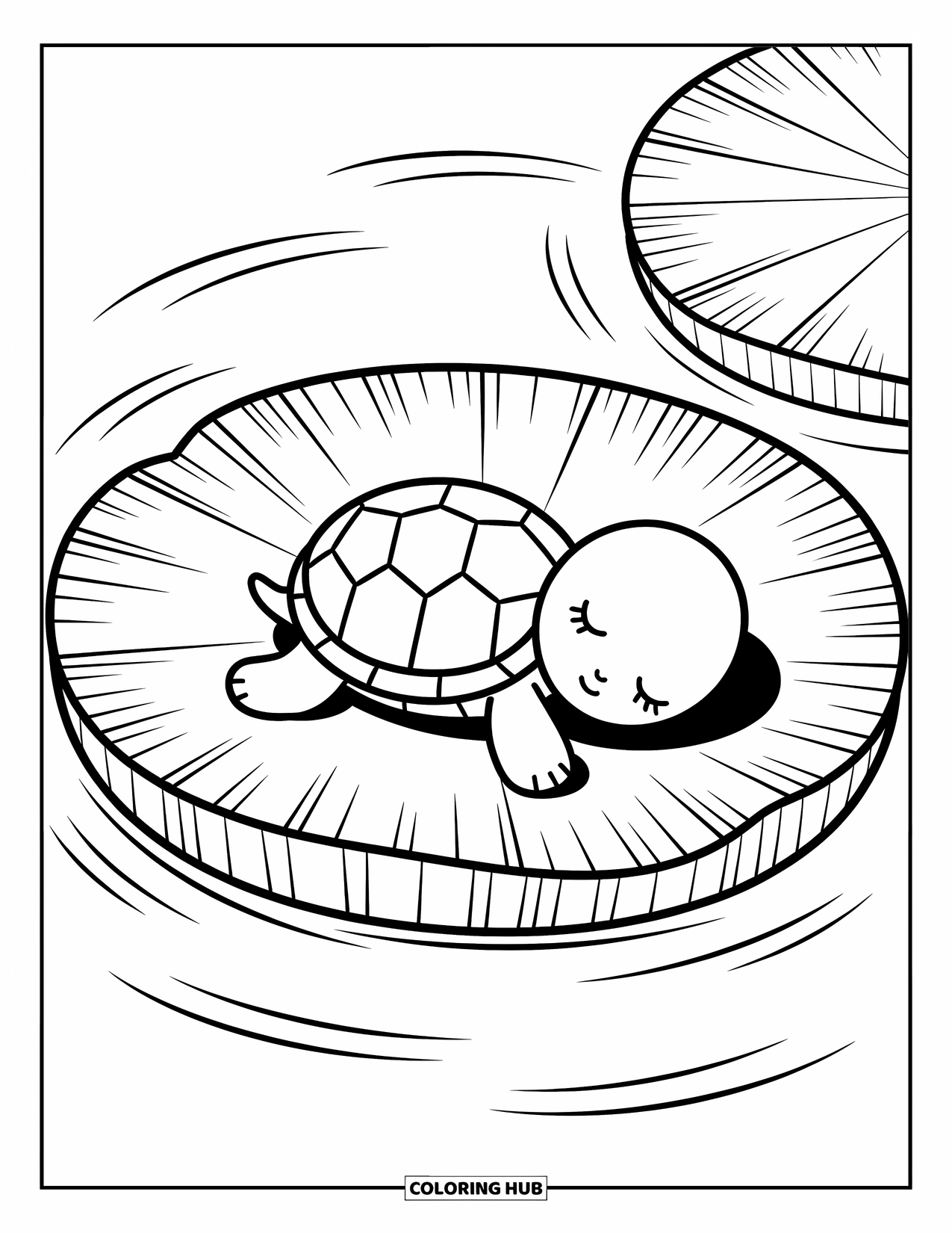 Baby Turtle Coloring Page for Adults: A baby turtle snoozes on a lily pad in a peaceful pond with gentle ripples