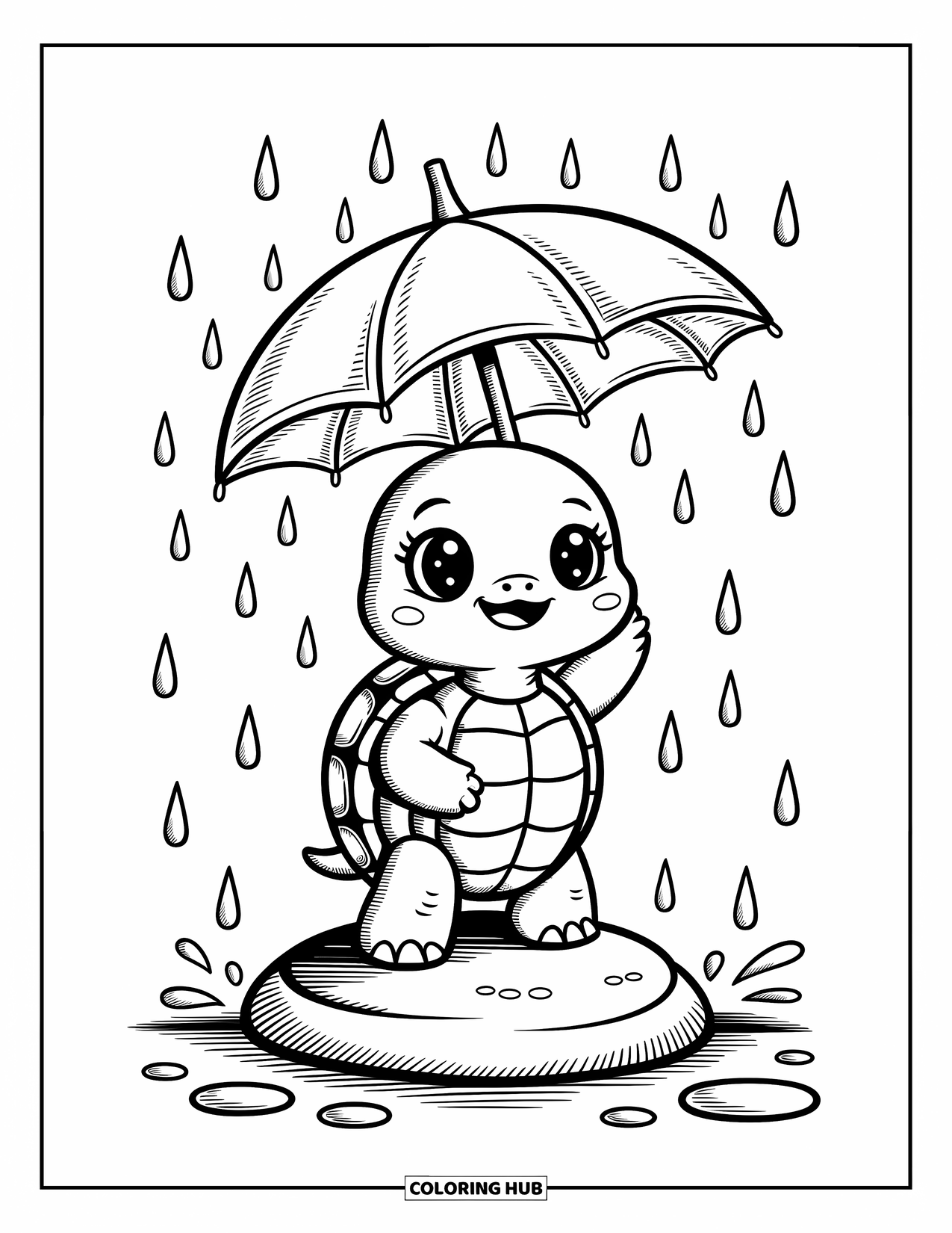 Baby Turtle Coloring Page for Adults: A baby turtle stands proudly on a rock with an umbrella and little puddles