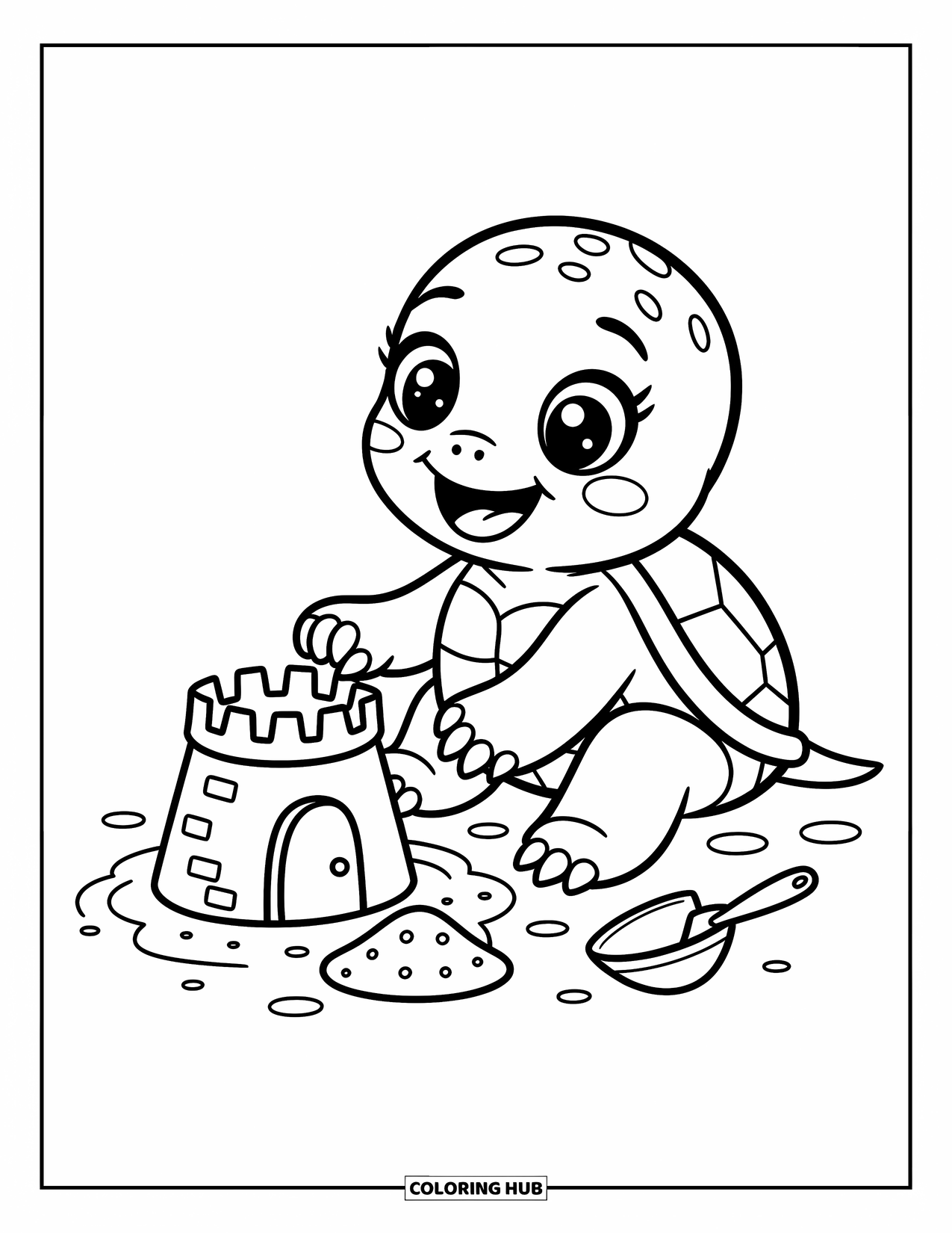 Baby Turtle Coloring Page for Adults: A turtle builds a small sandcastle with flippers, next to a pail and shovel