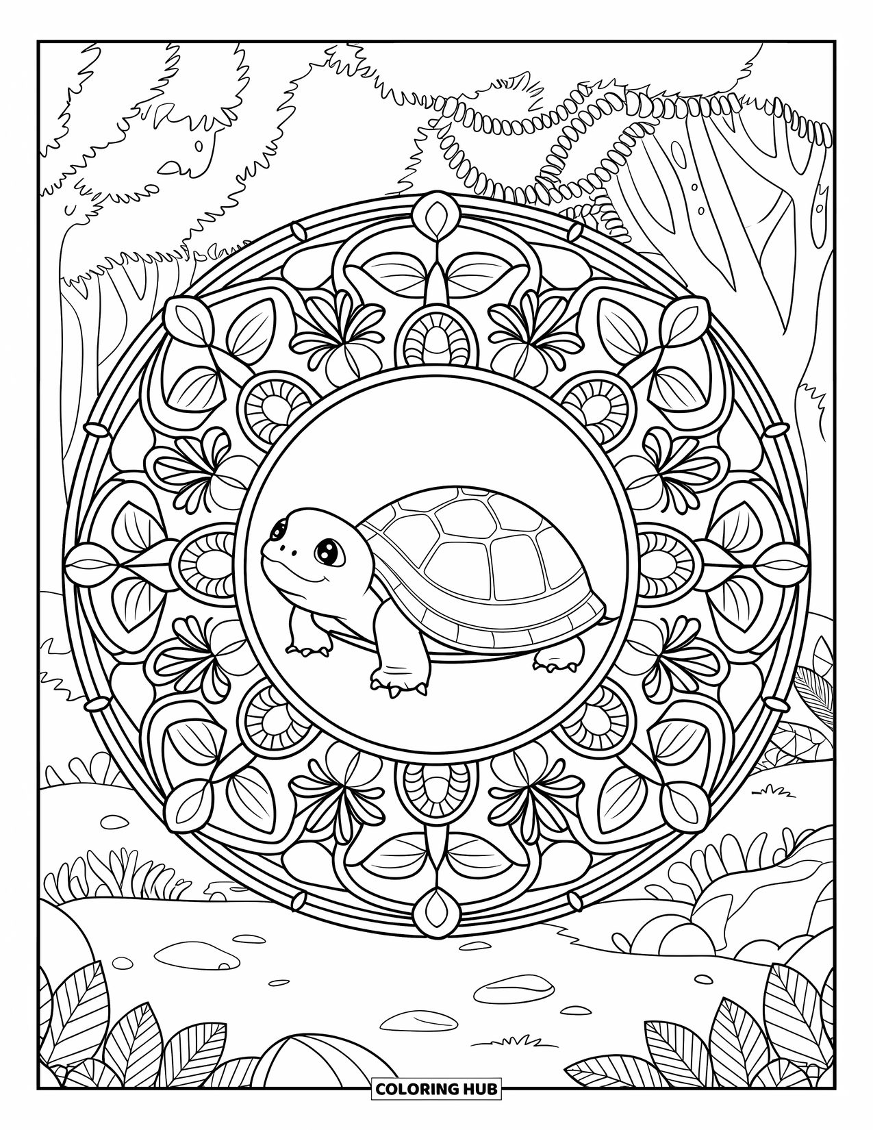 Baby Turtle Coloring Page for Adults: A turtle curls up in a full mandala of leaves, blossoms, and winding vines